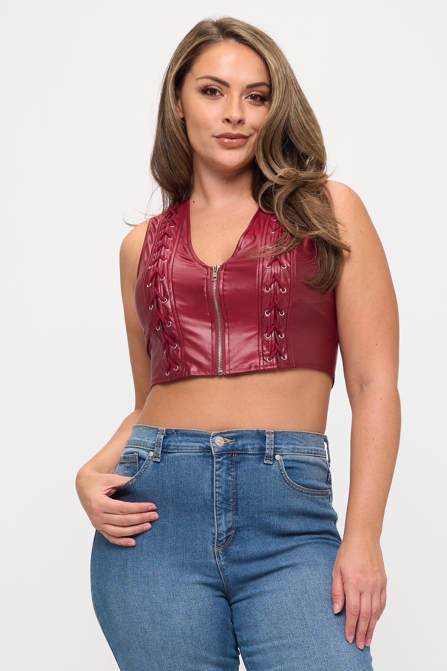 LACE-UP DETAIL SLEEVELESS CROP TOP-PLUS