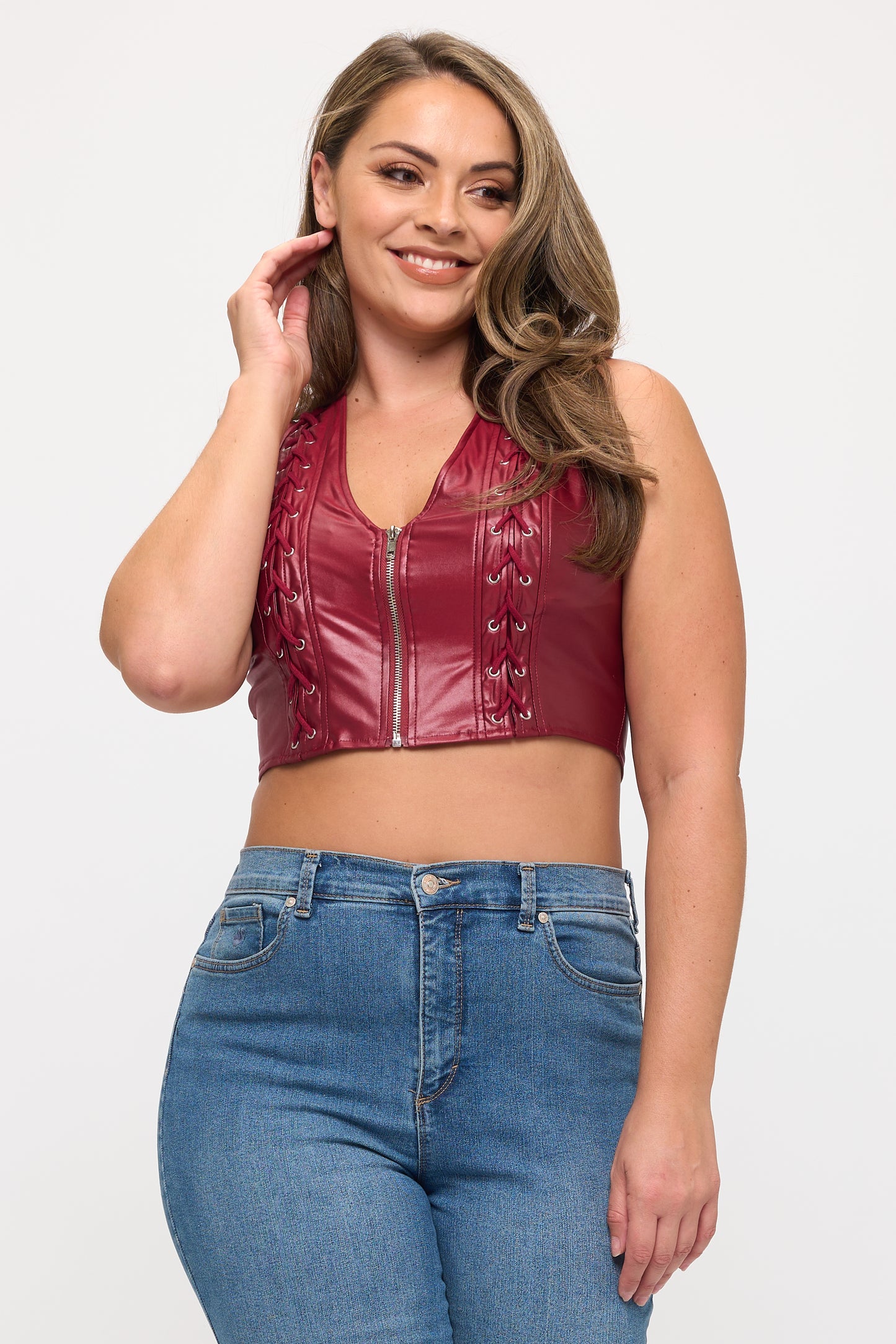LACE-UP DETAIL SLEEVELESS CROP TOP-PLUS