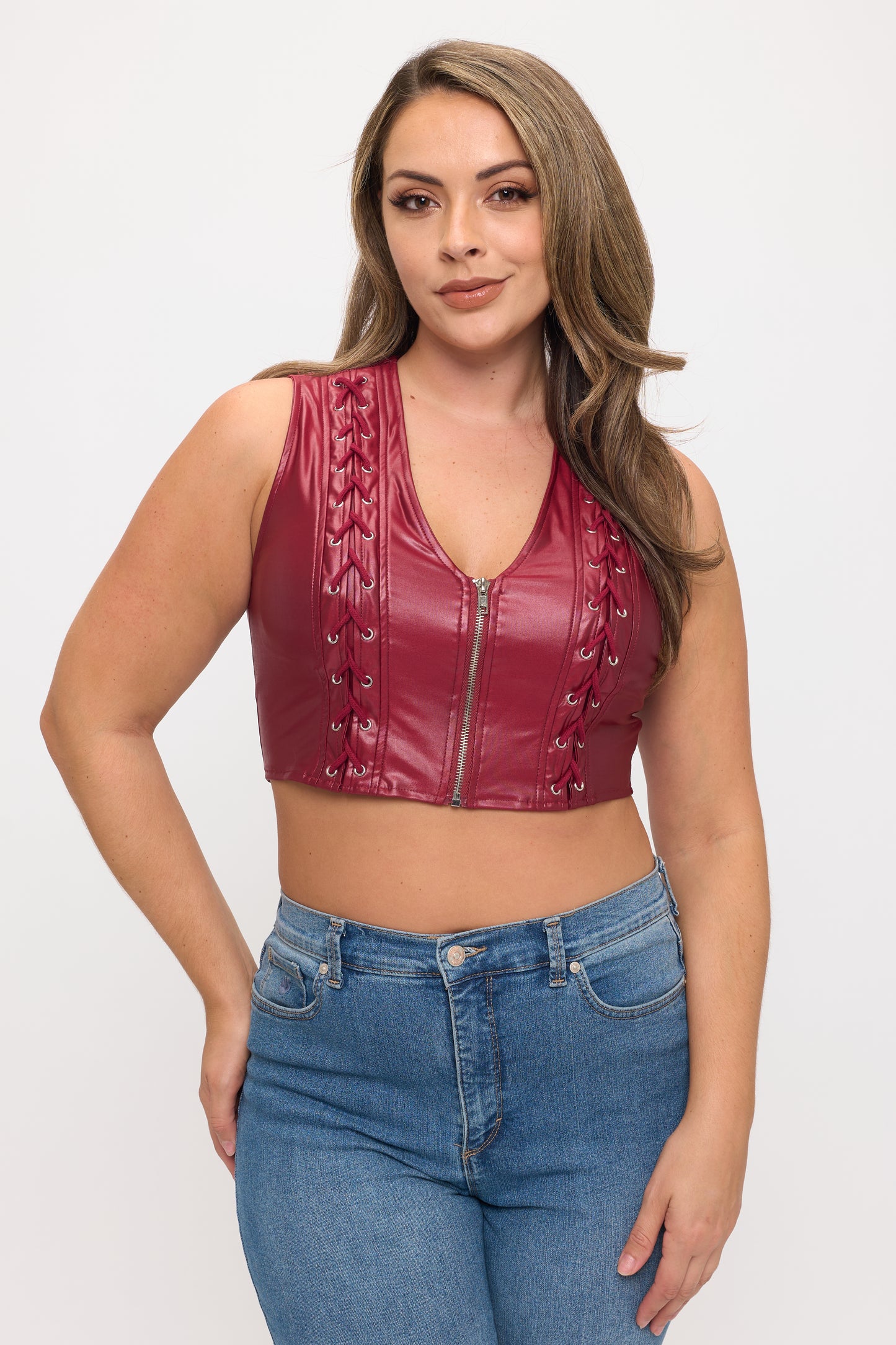 LACE-UP DETAIL SLEEVELESS CROP TOP-PLUS