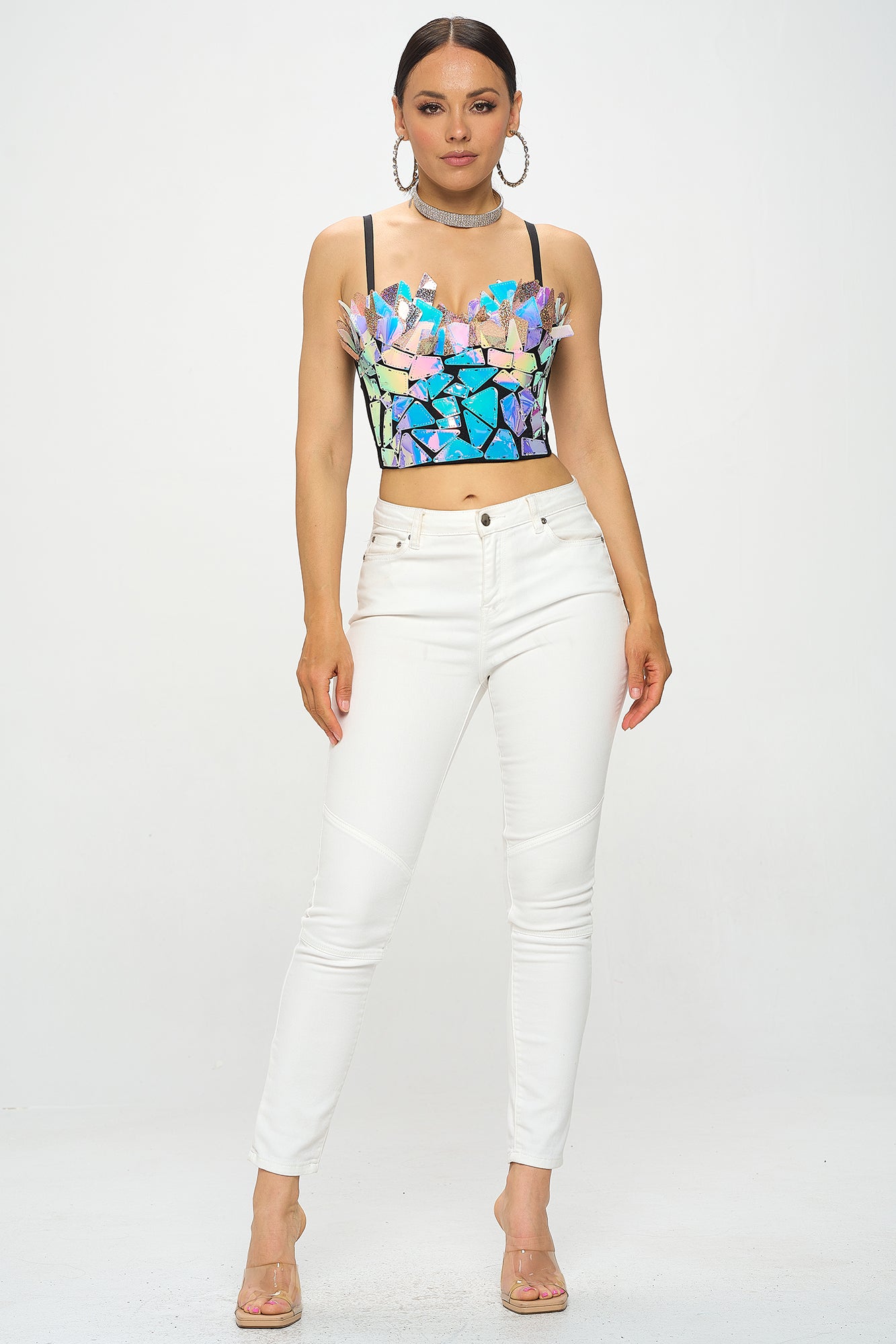 IRIDESCENT TRIANGLE HOLOGRAPHIC BUSTIER CROP TOP_D7202