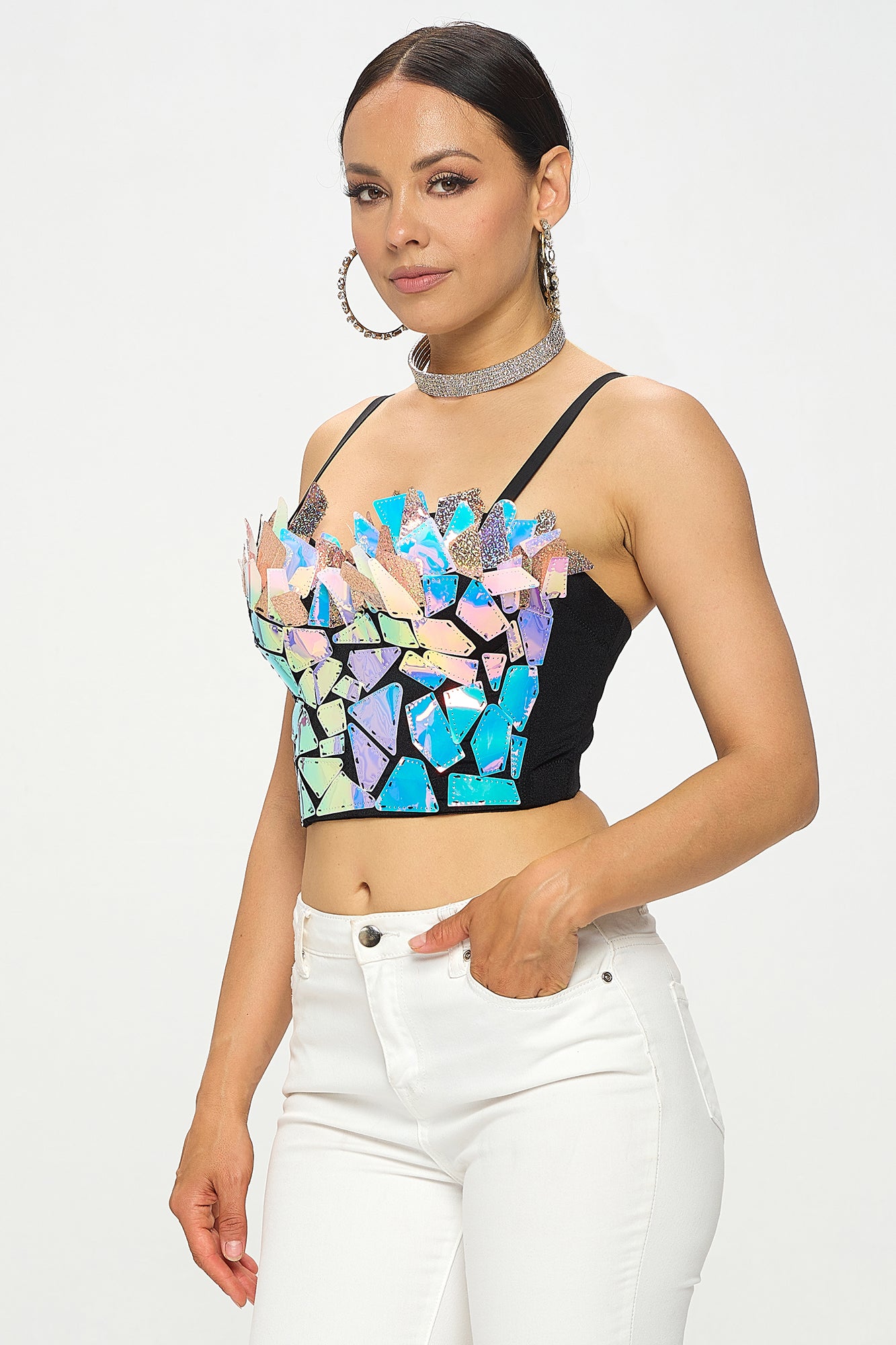 IRIDESCENT TRIANGLE HOLOGRAPHIC BUSTIER CROP TOP_D7202