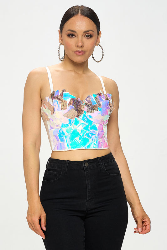 IRIDESCENT TRIANGLE HOLOGRAPHIC BUSTIER CROP TOP_D7202
