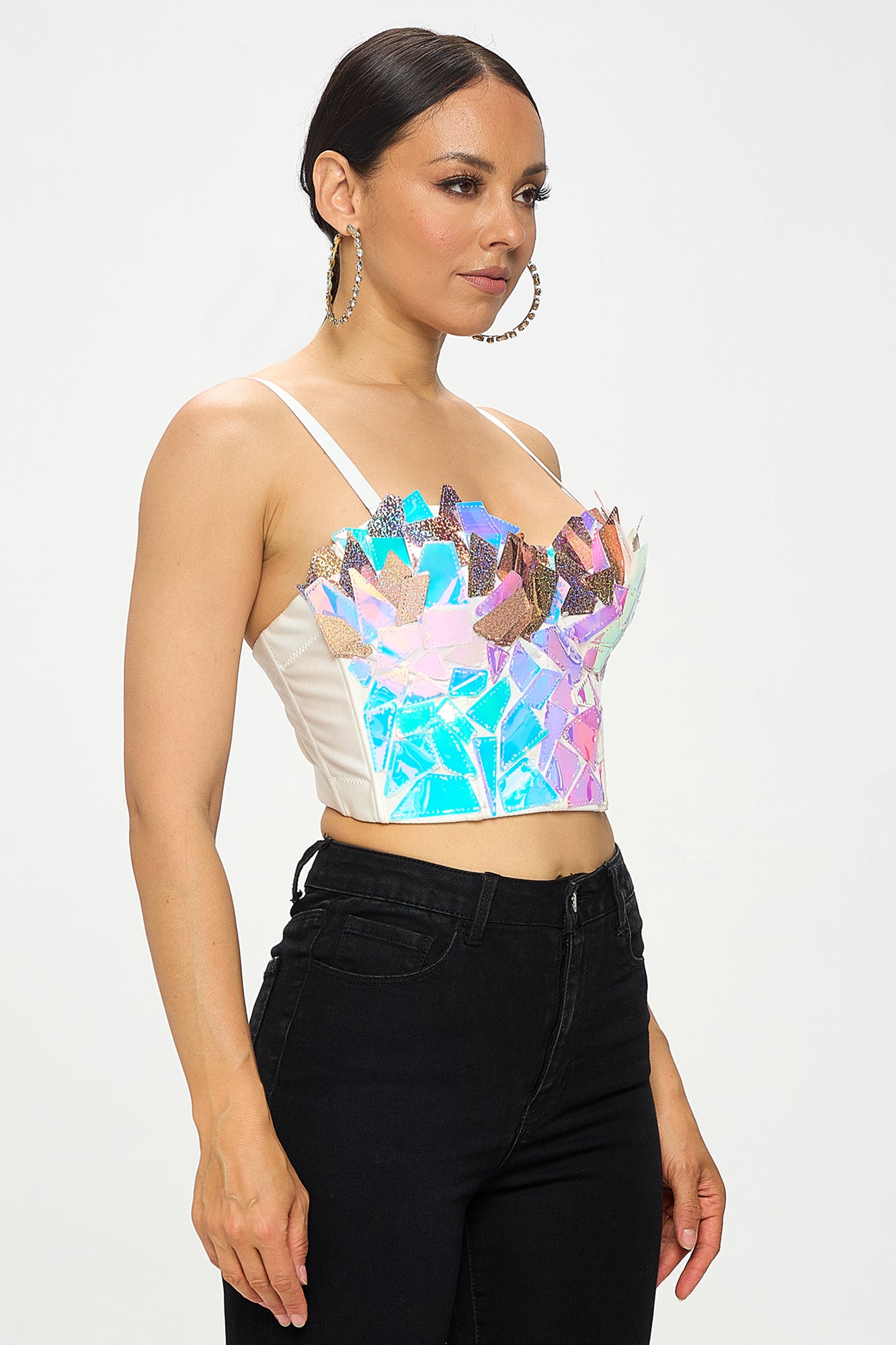 IRIDESCENT TRIANGLE HOLOGRAPHIC BUSTIER CROP TOP_D7202
