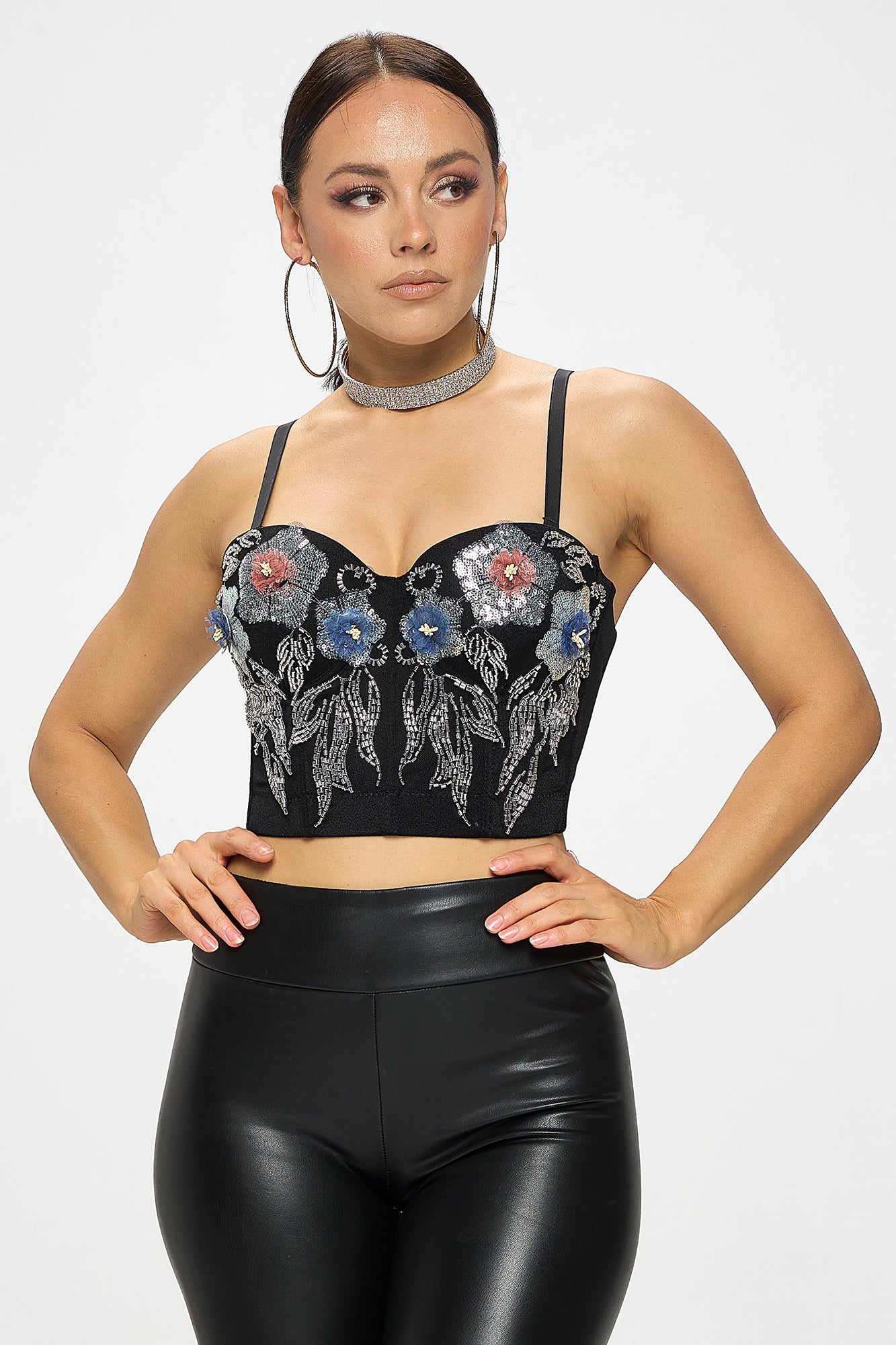 FLOWER SEQUIN EMBROIDERY BUSTIER CROP TOP_D7204