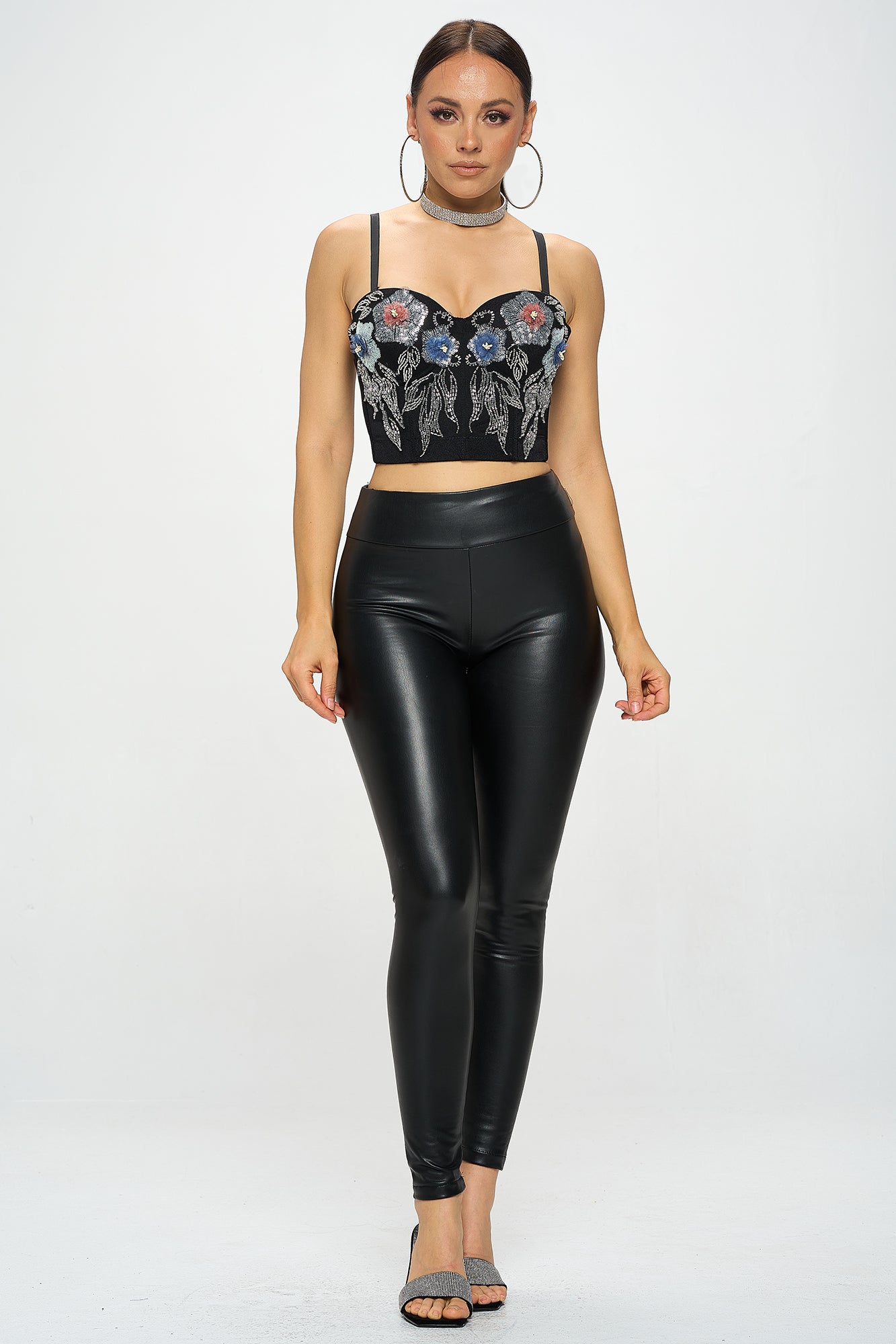 FLOWER SEQUIN EMBROIDERY BUSTIER CROP TOP_D7204