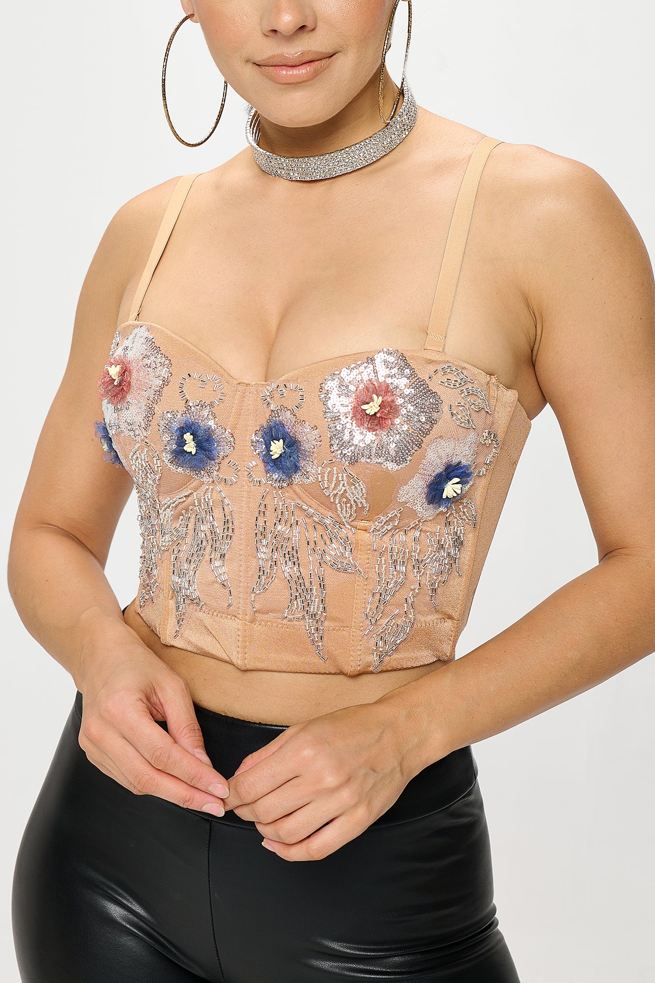 FLOWER SEQUIN EMBROIDERY BUSTIER CROP TOP_D7204