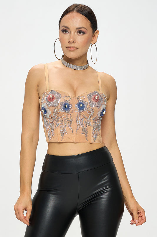 FLOWER SEQUIN EMBROIDERY BUSTIER CROP TOP_D7204