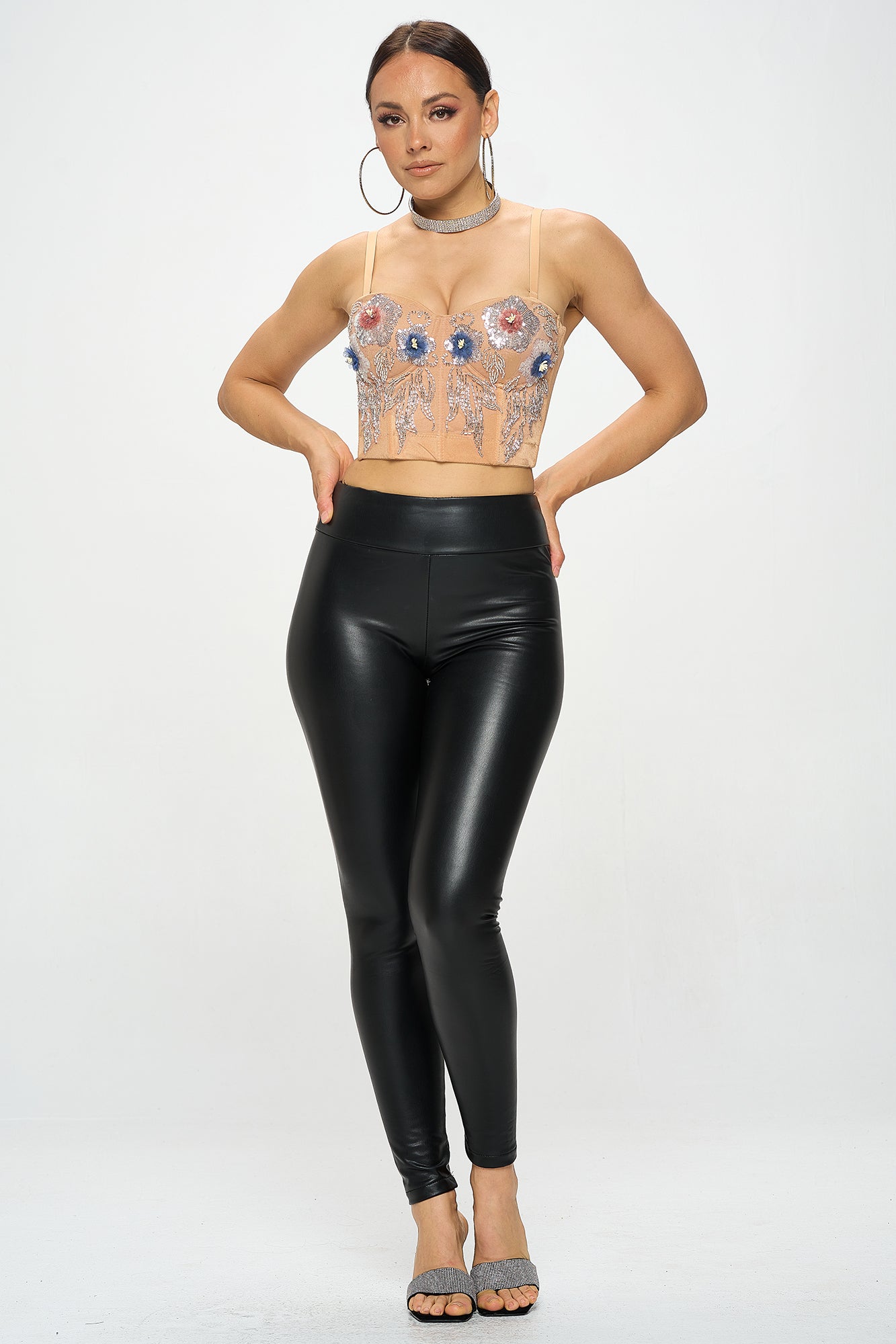 FLOWER SEQUIN EMBROIDERY BUSTIER CROP TOP_D7204
