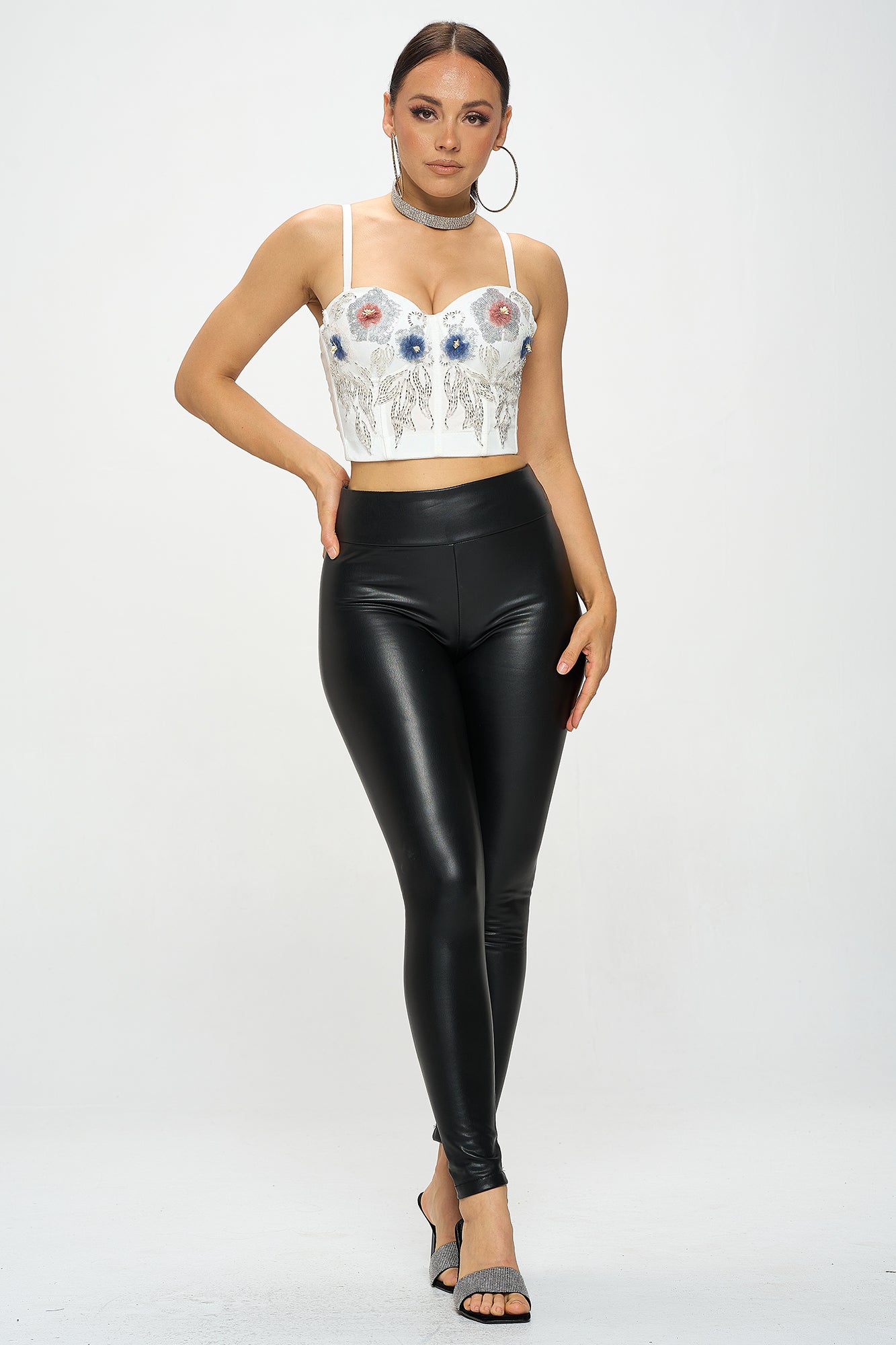 FLOWER SEQUIN EMBROIDERY BUSTIER CROP TOP_D7204