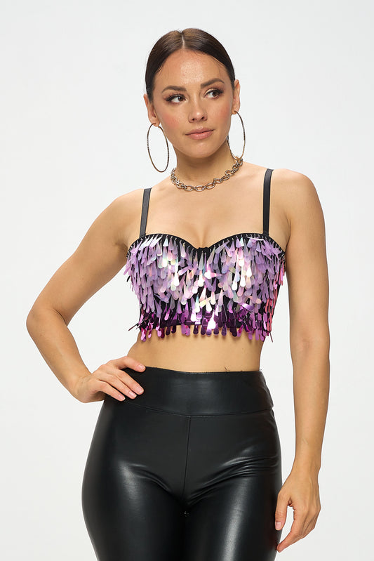 TEAR DROP SEQUIN EMBELLISHED BUSTIER CROP TOP_D7206