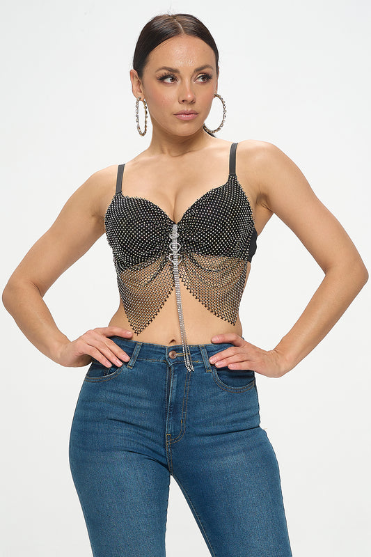 RHINESTONE FISHNET CHAIN HEART PENDANT TASSEL BRA_D7211