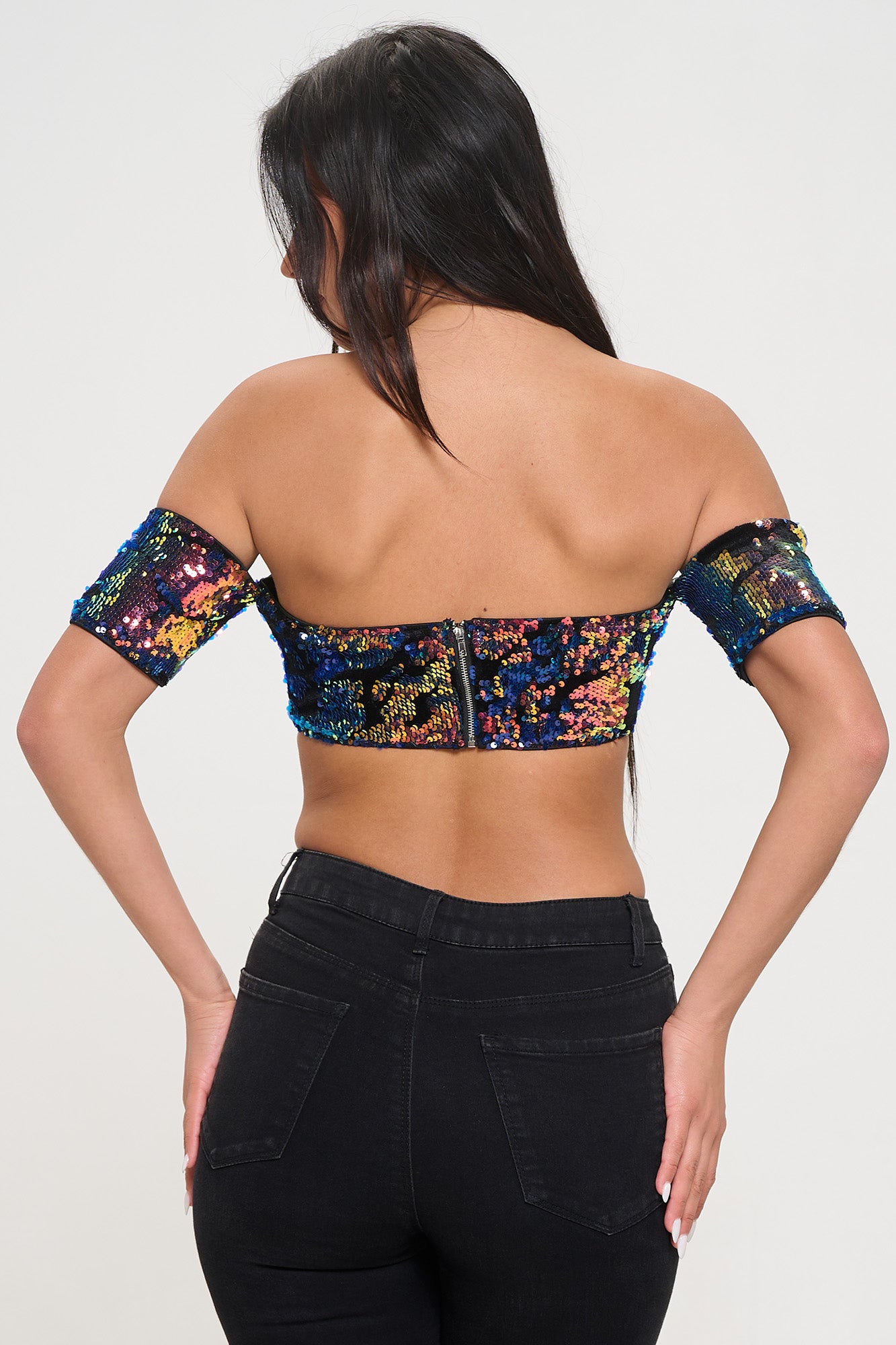 SEQUIN VELVET COLD SHOULDER BANDEAU CROP TOP