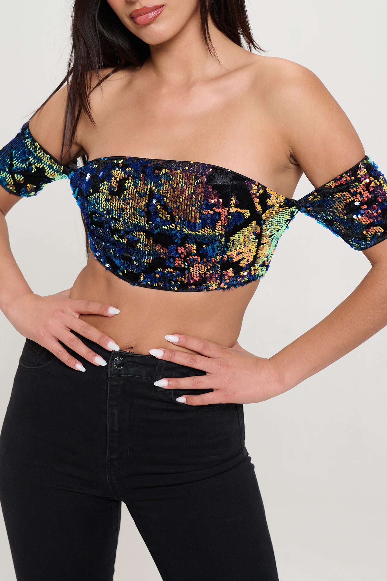 SEQUIN VELVET COLD SHOULDER BANDEAU CROP TOP