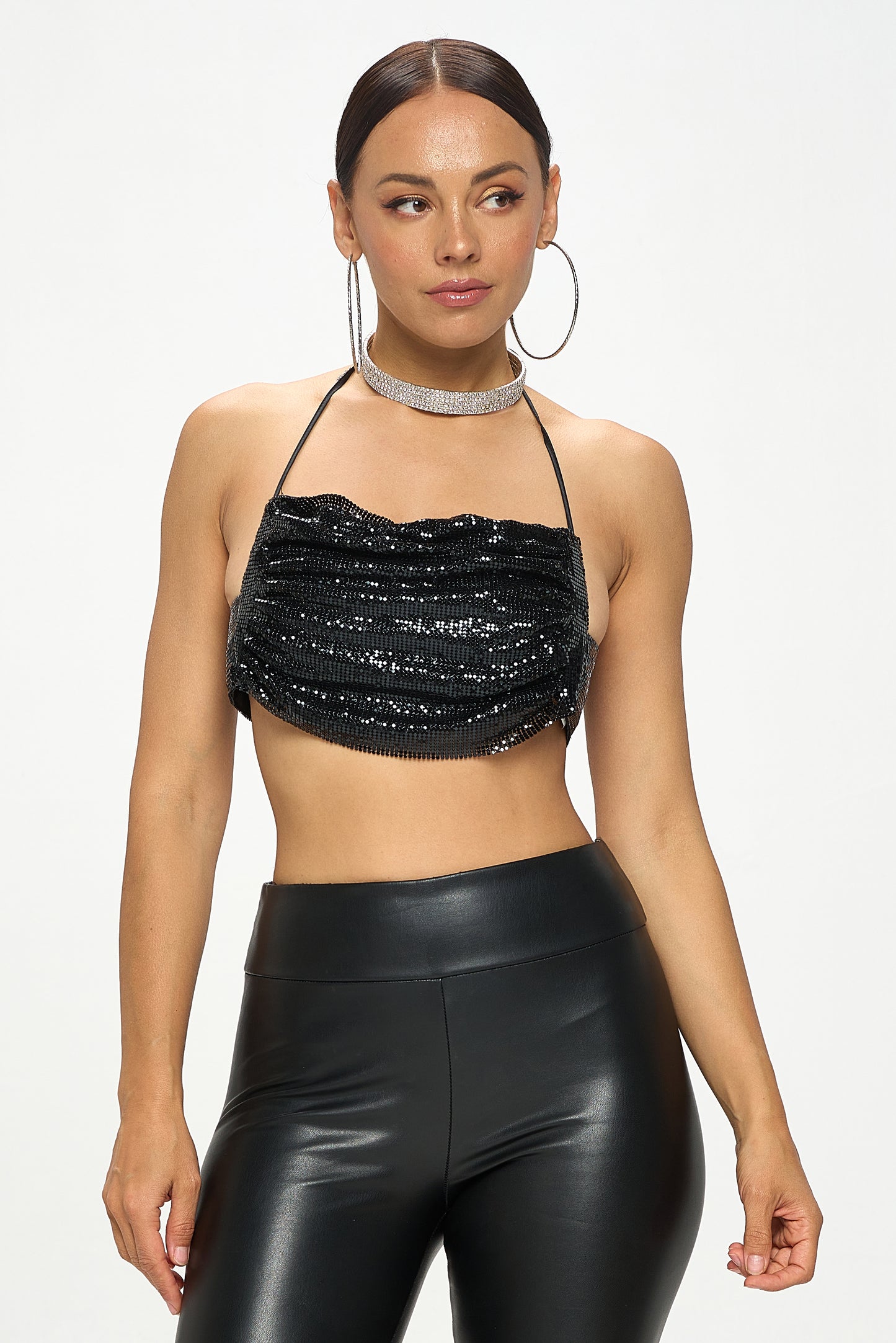 METALLIC SEQUIN CHAINMAIL HALTER BRALETTE TOP