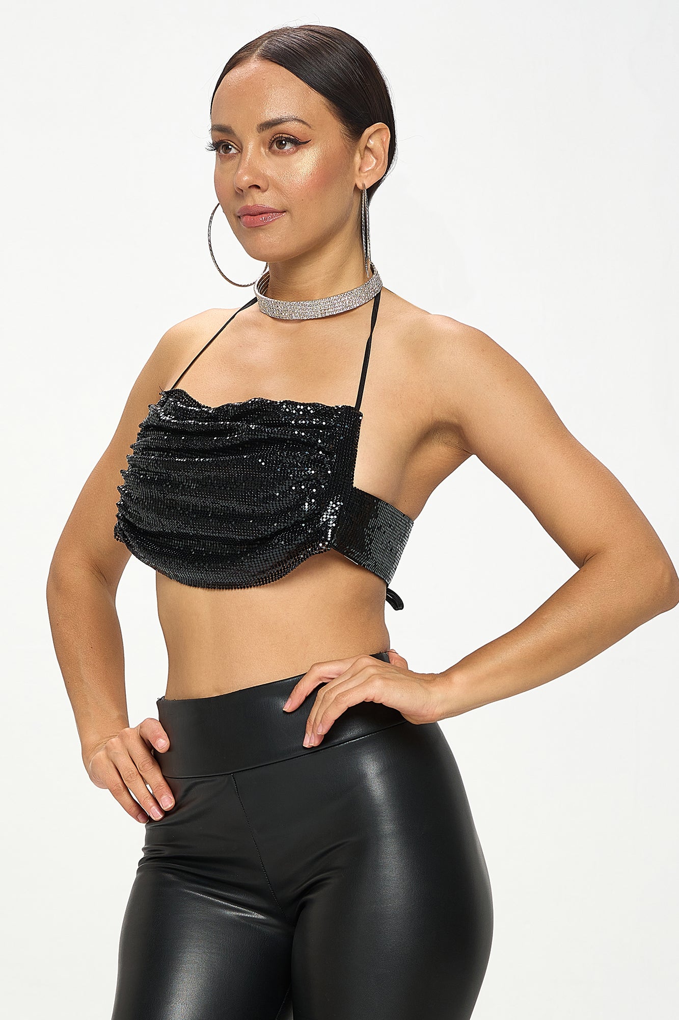 METALLIC SEQUIN CHAINMAIL HALTER BRALETTE TOP
