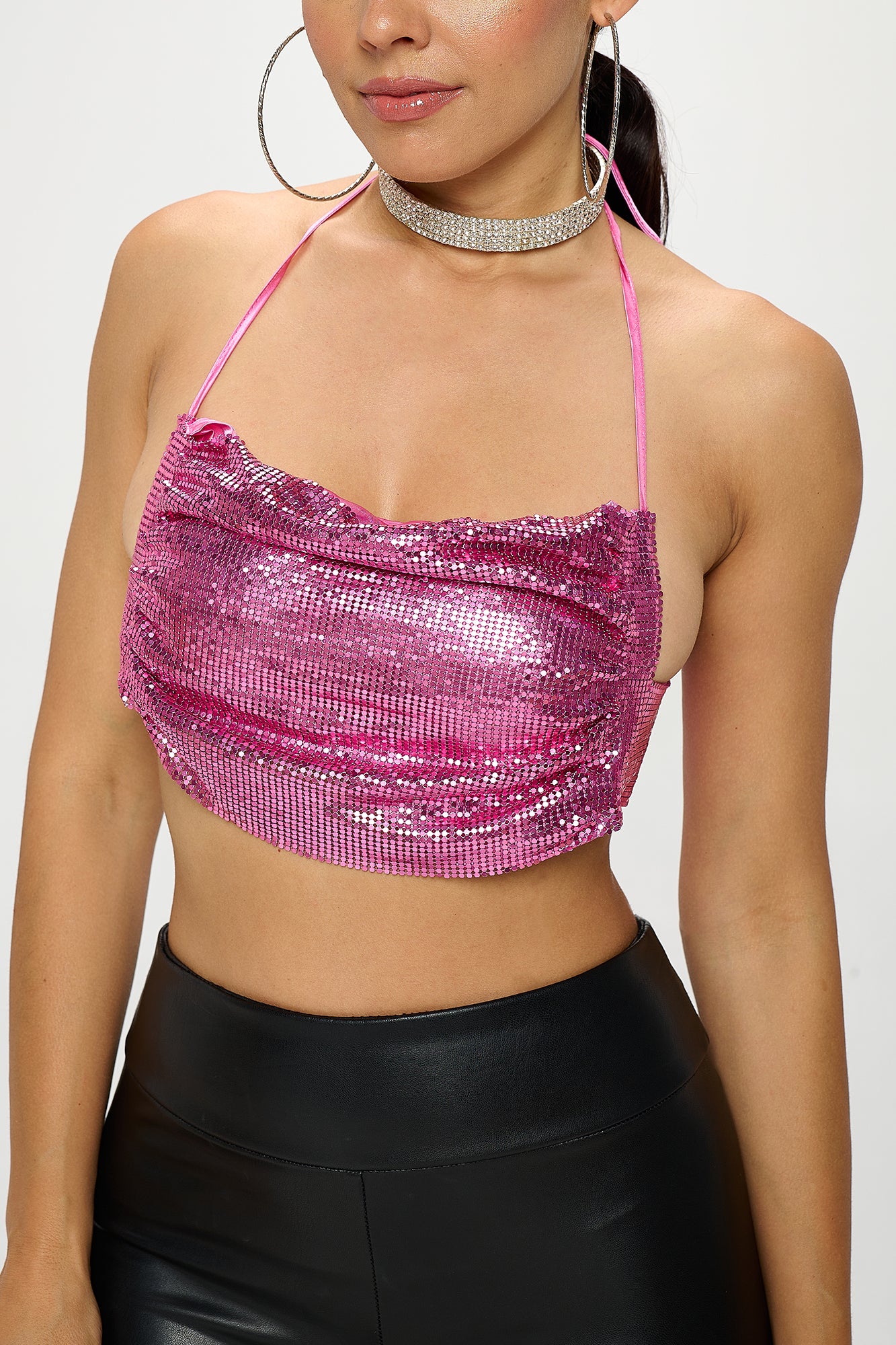 METALLIC SEQUIN CHAINMAIL HALTER BRALETTE TOP