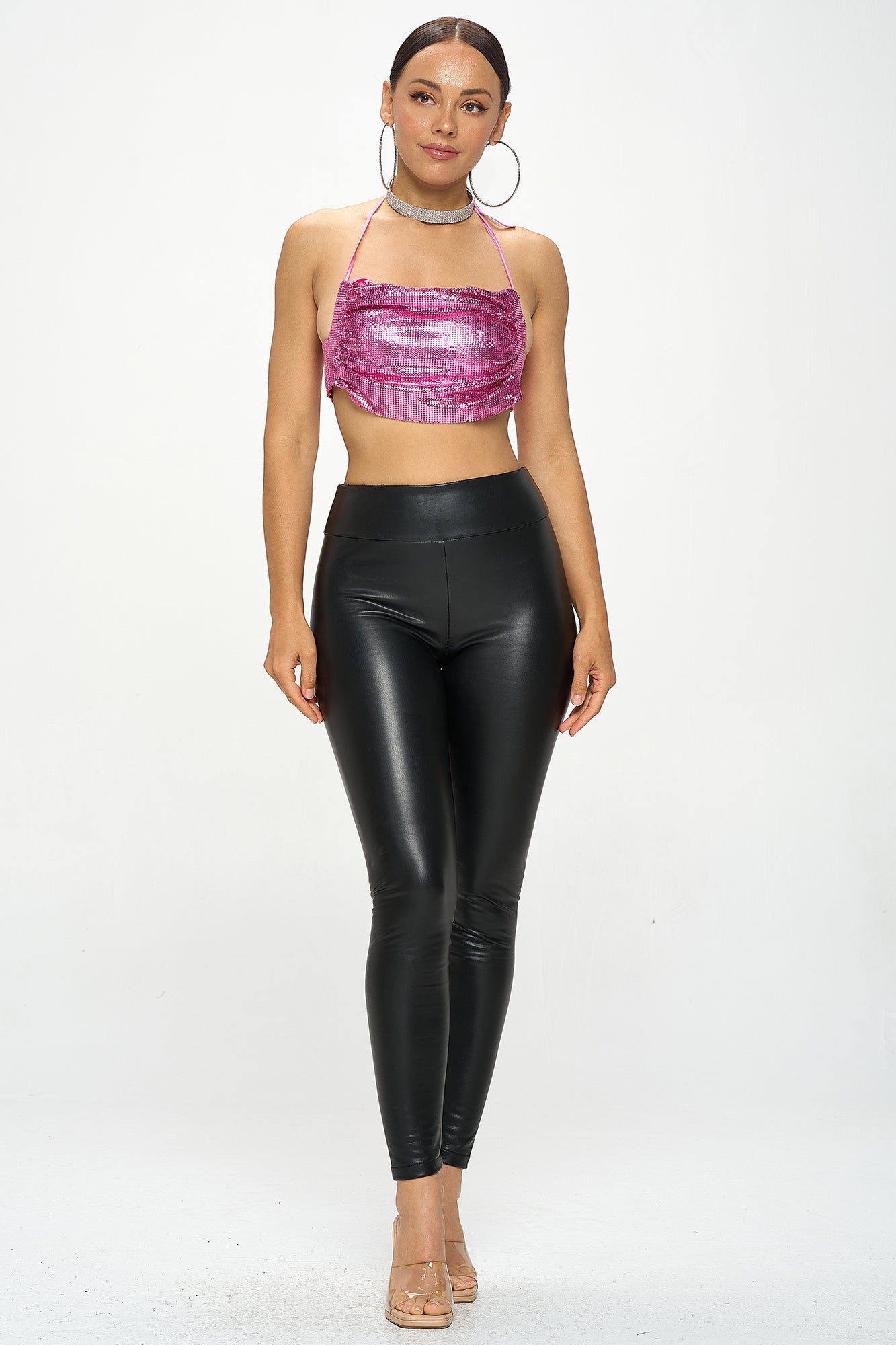 METALLIC SEQUIN CHAINMAIL HALTER BRALETTE TOP