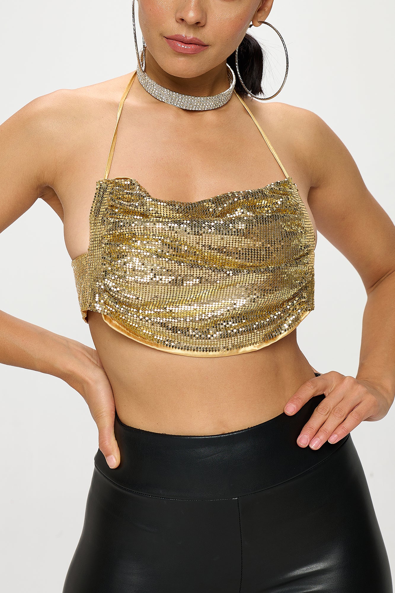 METALLIC SEQUIN CHAINMAIL HALTER BRALETTE TOP