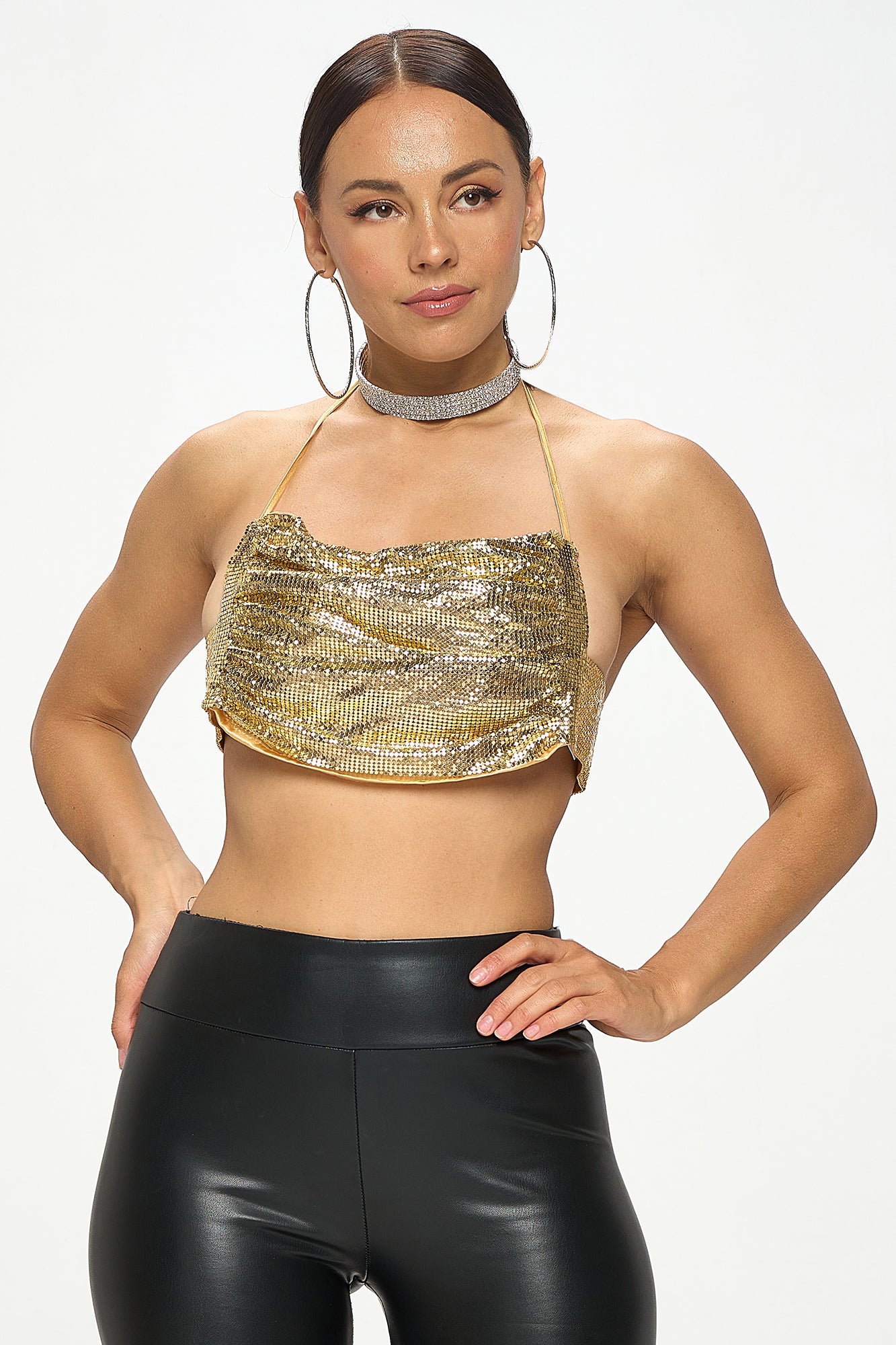 METALLIC SEQUIN CHAINMAIL HALTER BRALETTE TOP