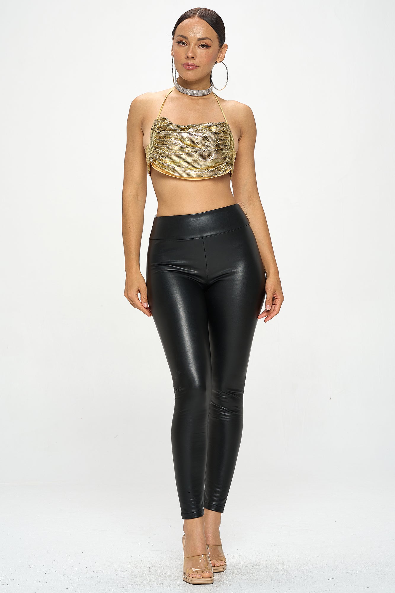 METALLIC SEQUIN CHAINMAIL HALTER BRALETTE TOP