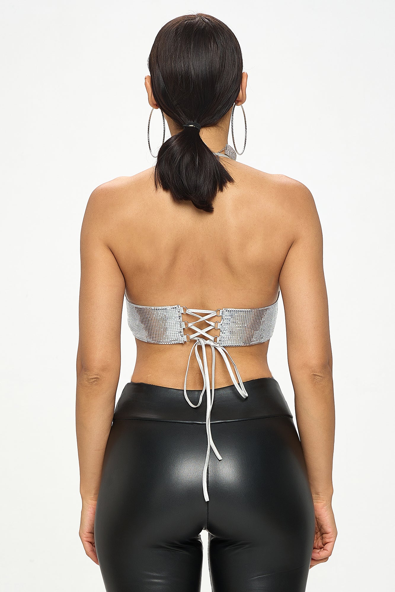 METALLIC SEQUIN CHAINMAIL HALTER BRALETTE TOP