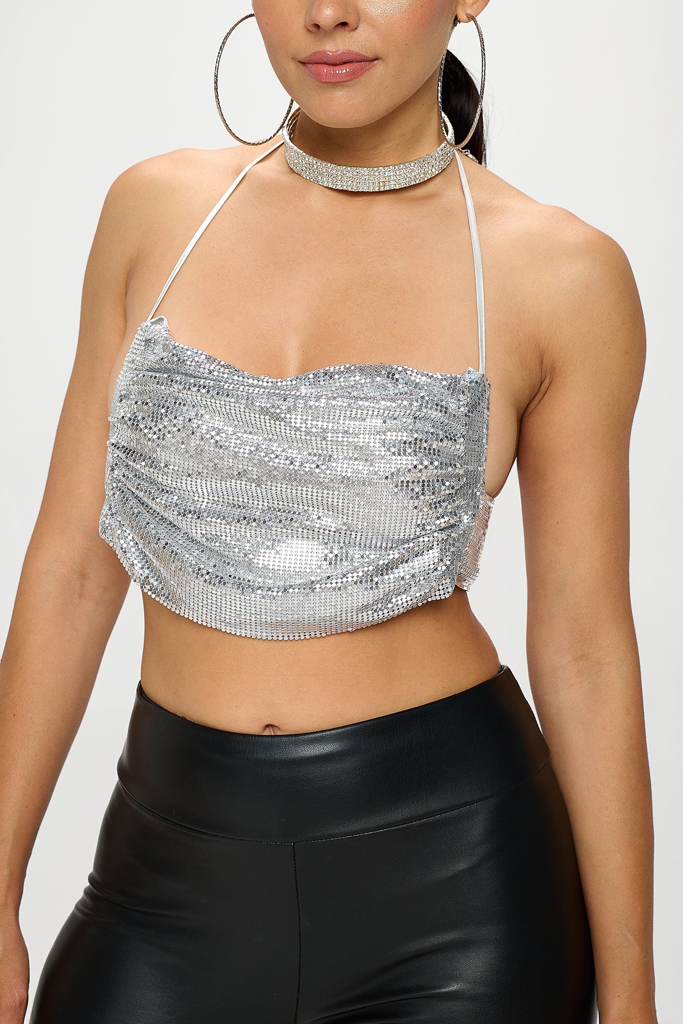 METALLIC SEQUIN CHAINMAIL HALTER BRALETTE TOP