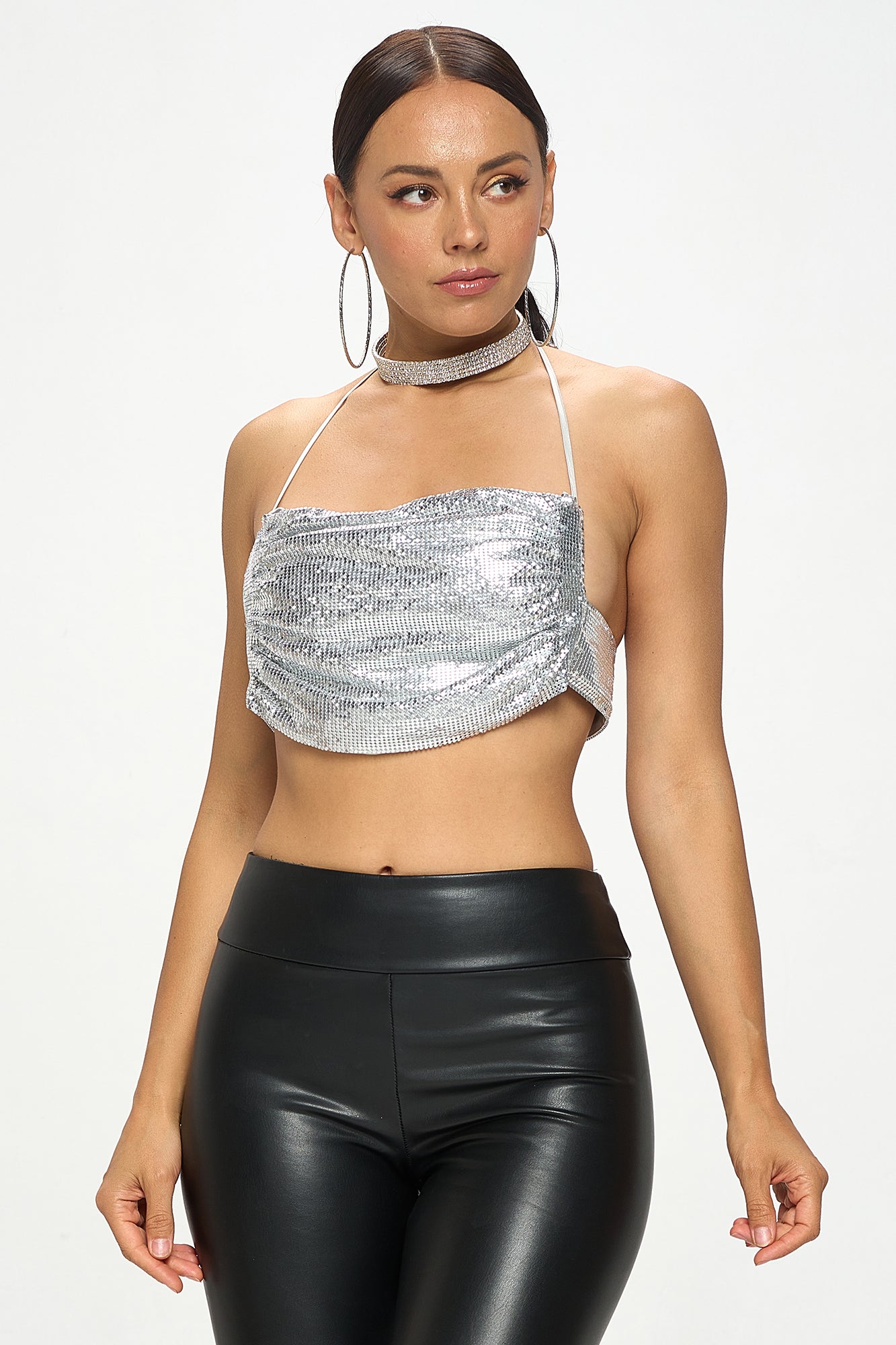 METALLIC SEQUIN CHAINMAIL HALTER BRALETTE TOP