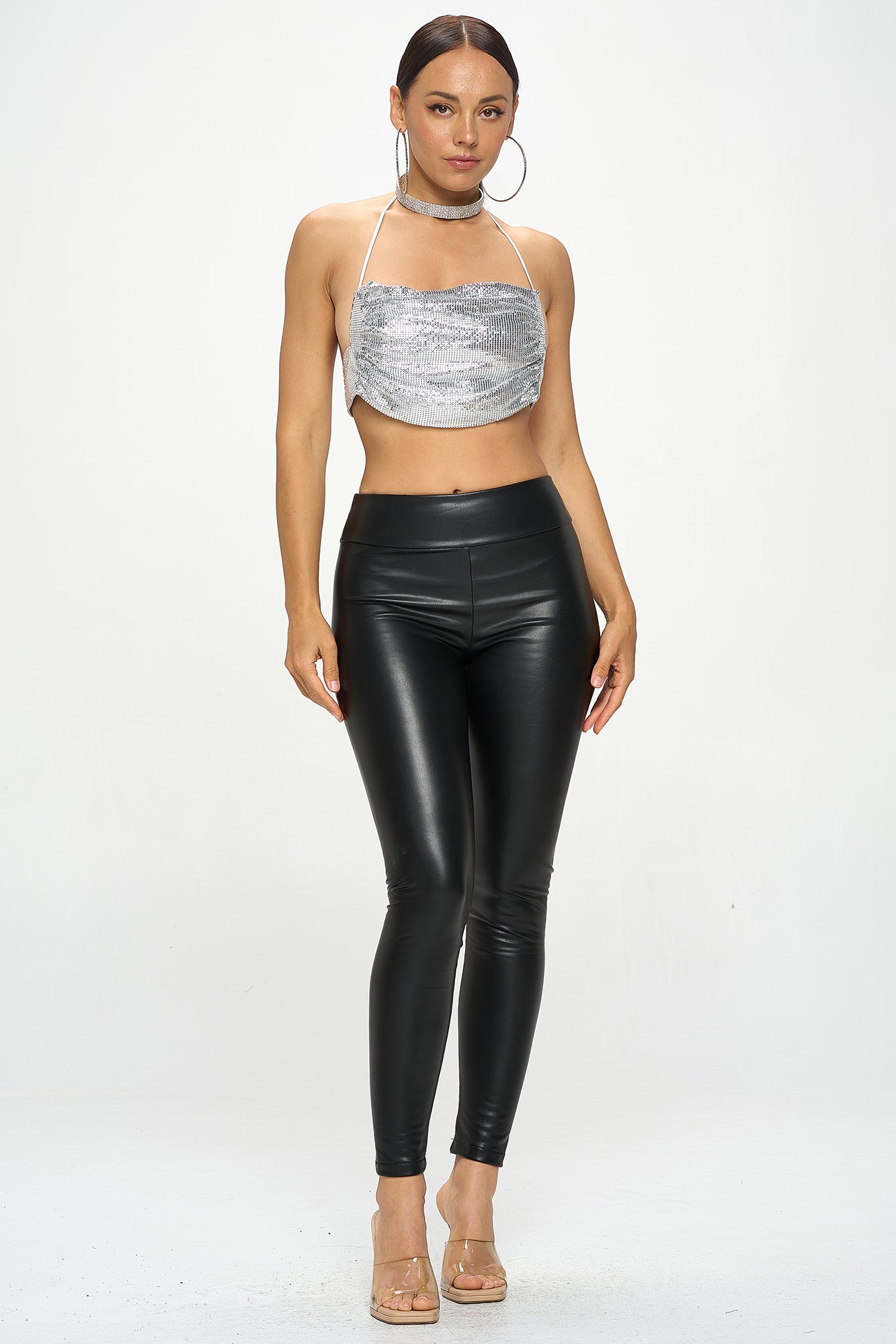 METALLIC SEQUIN CHAINMAIL HALTER BRALETTE TOP