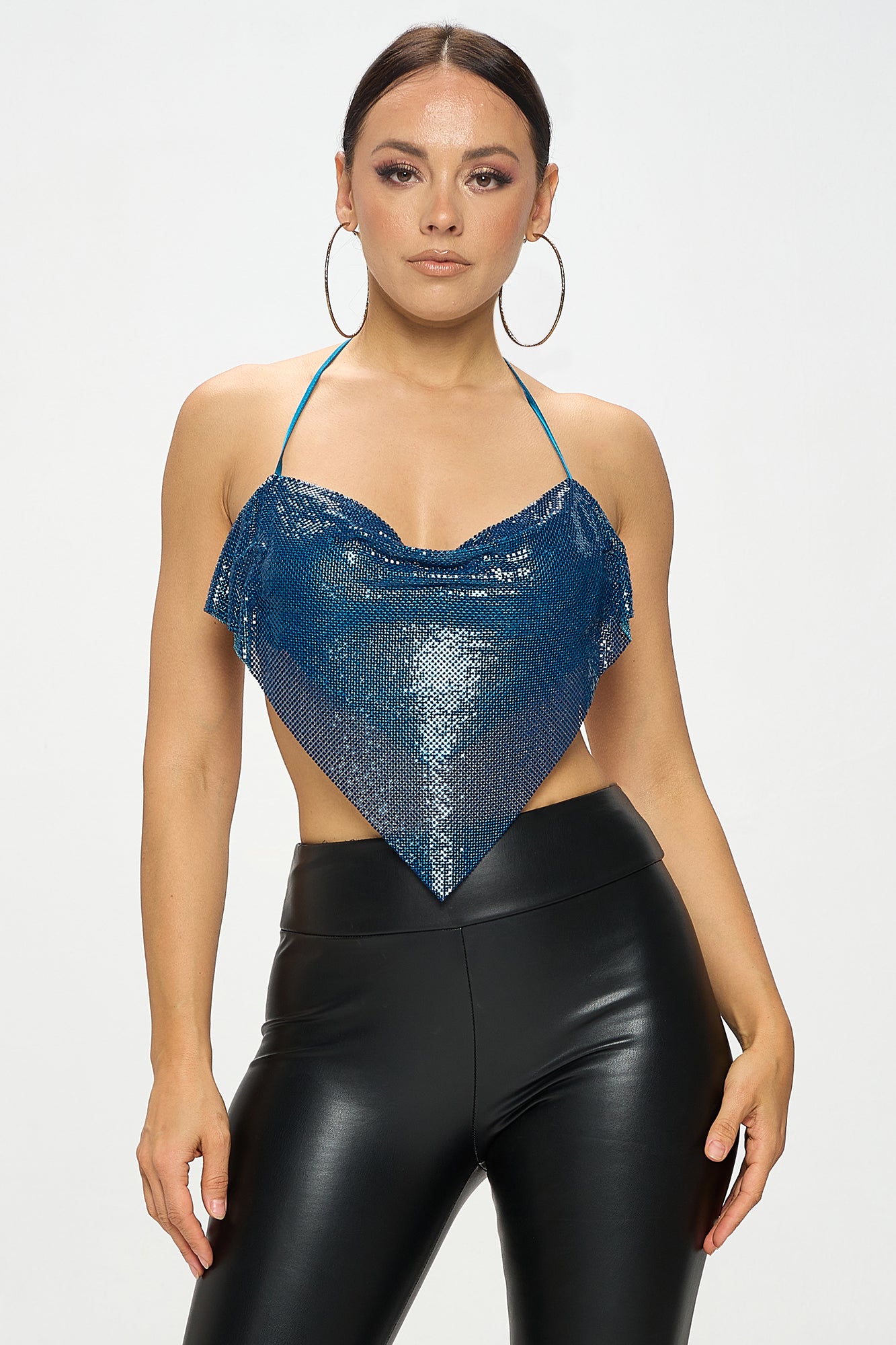 METAL CHAINMAIL BACKLESS COWL NECK HALTER TOP