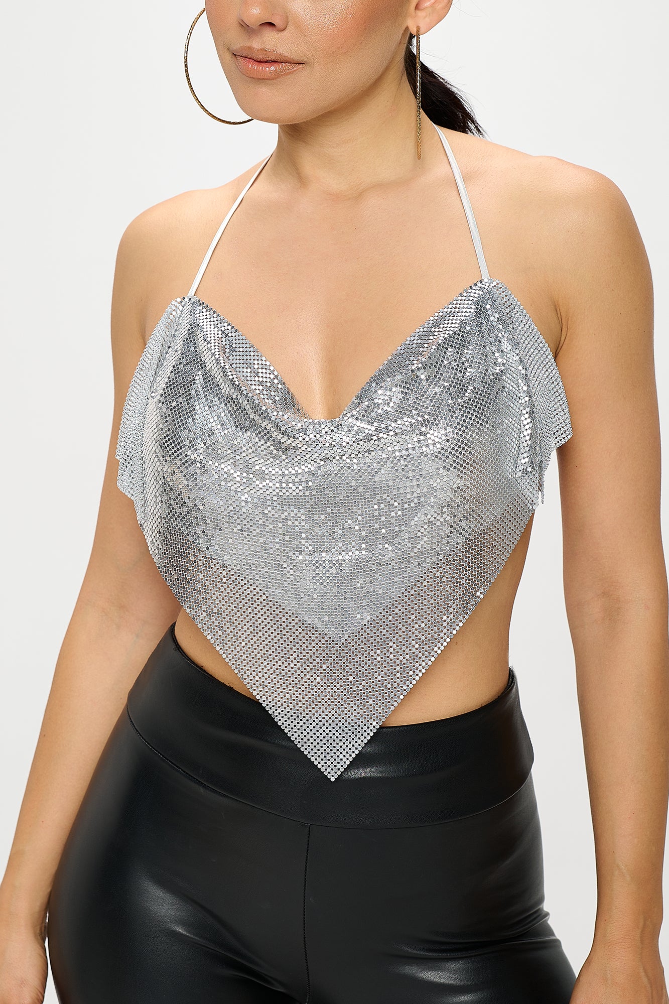 METAL CHAINMAIL BACKLESS COWL NECK HALTER TOP