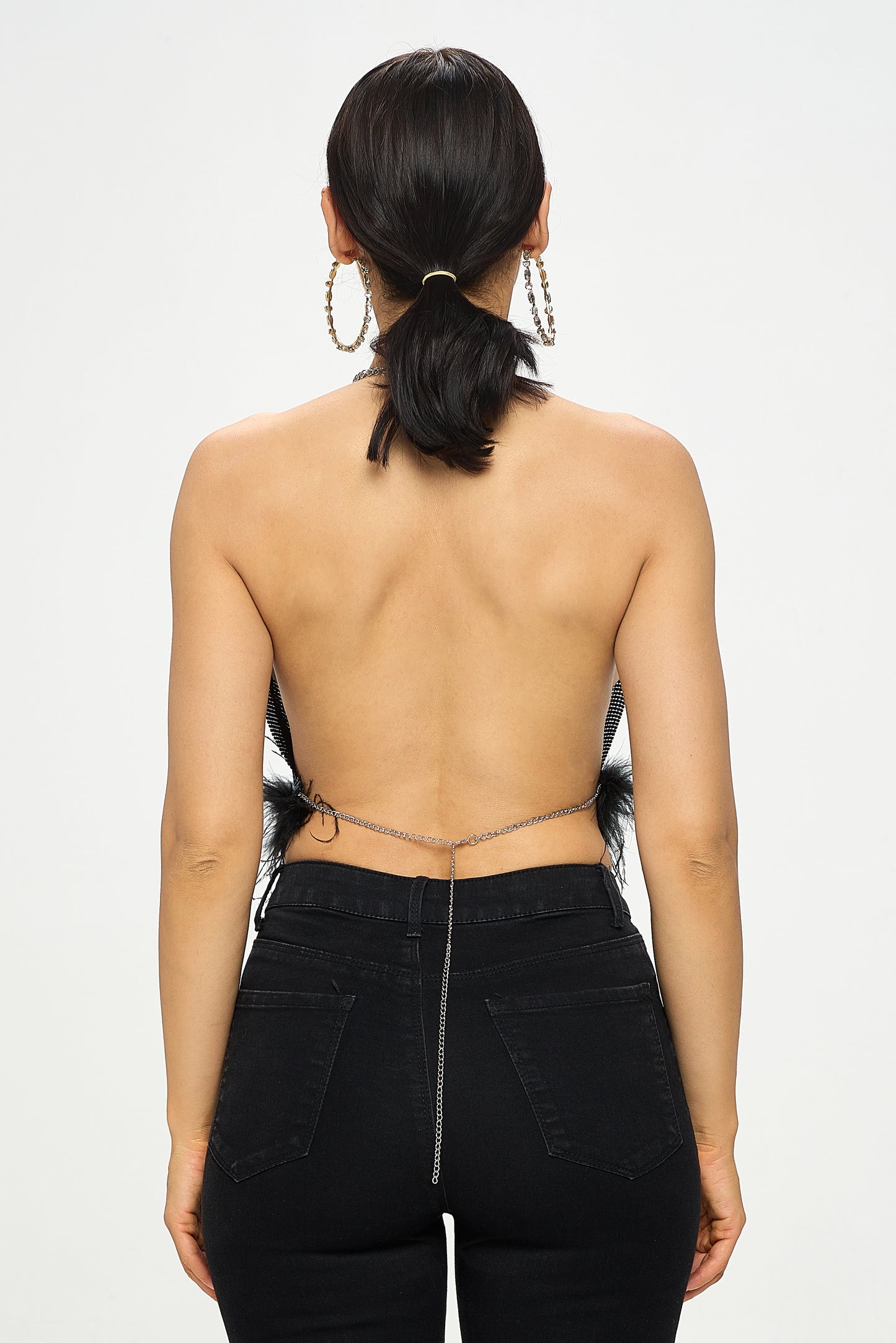 CHAINMAIL FEATHER TRIM HALTER CROP TOP