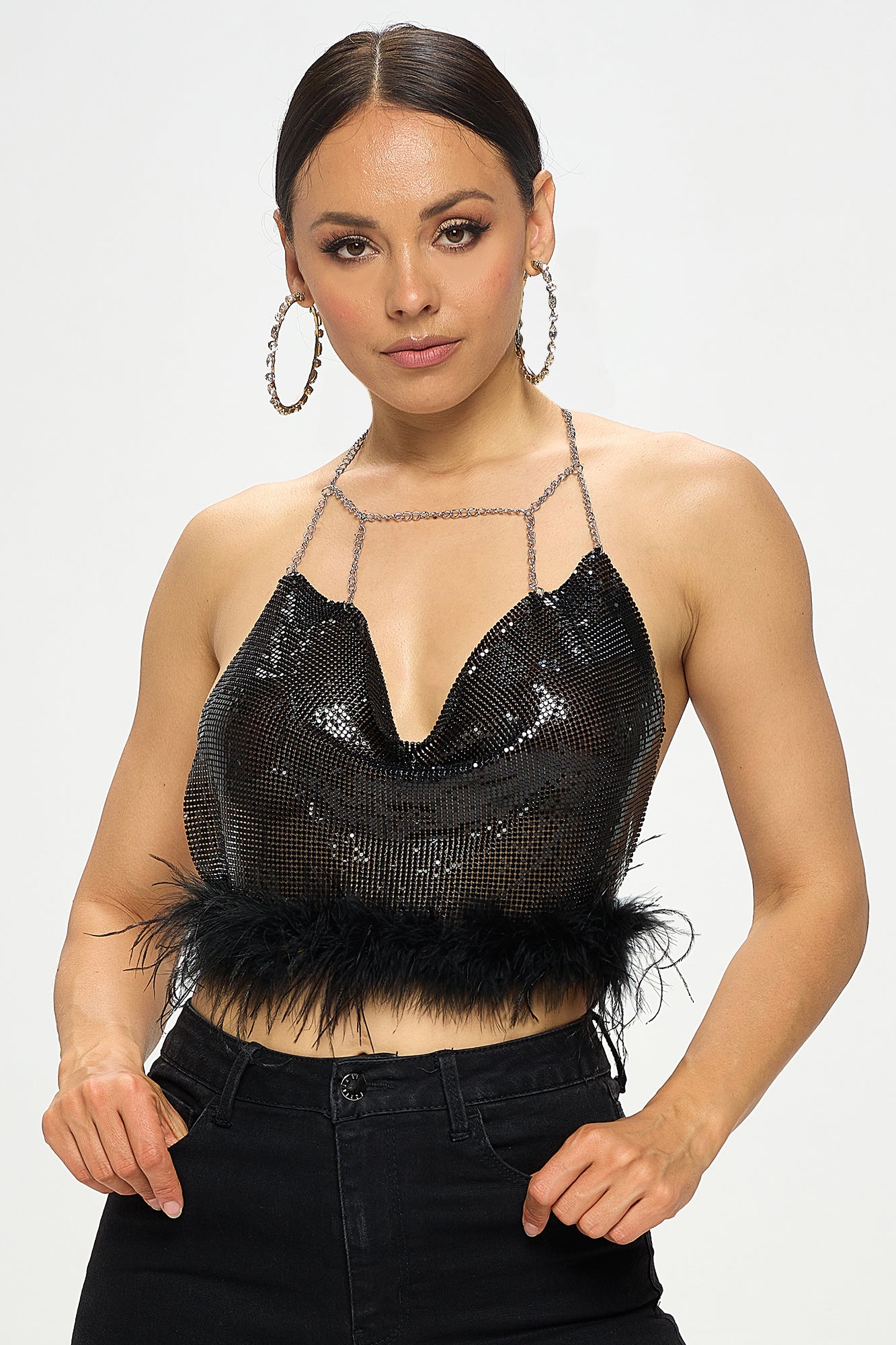 CHAINMAIL FEATHER TRIM HALTER CROP TOP – OhYes Fashion