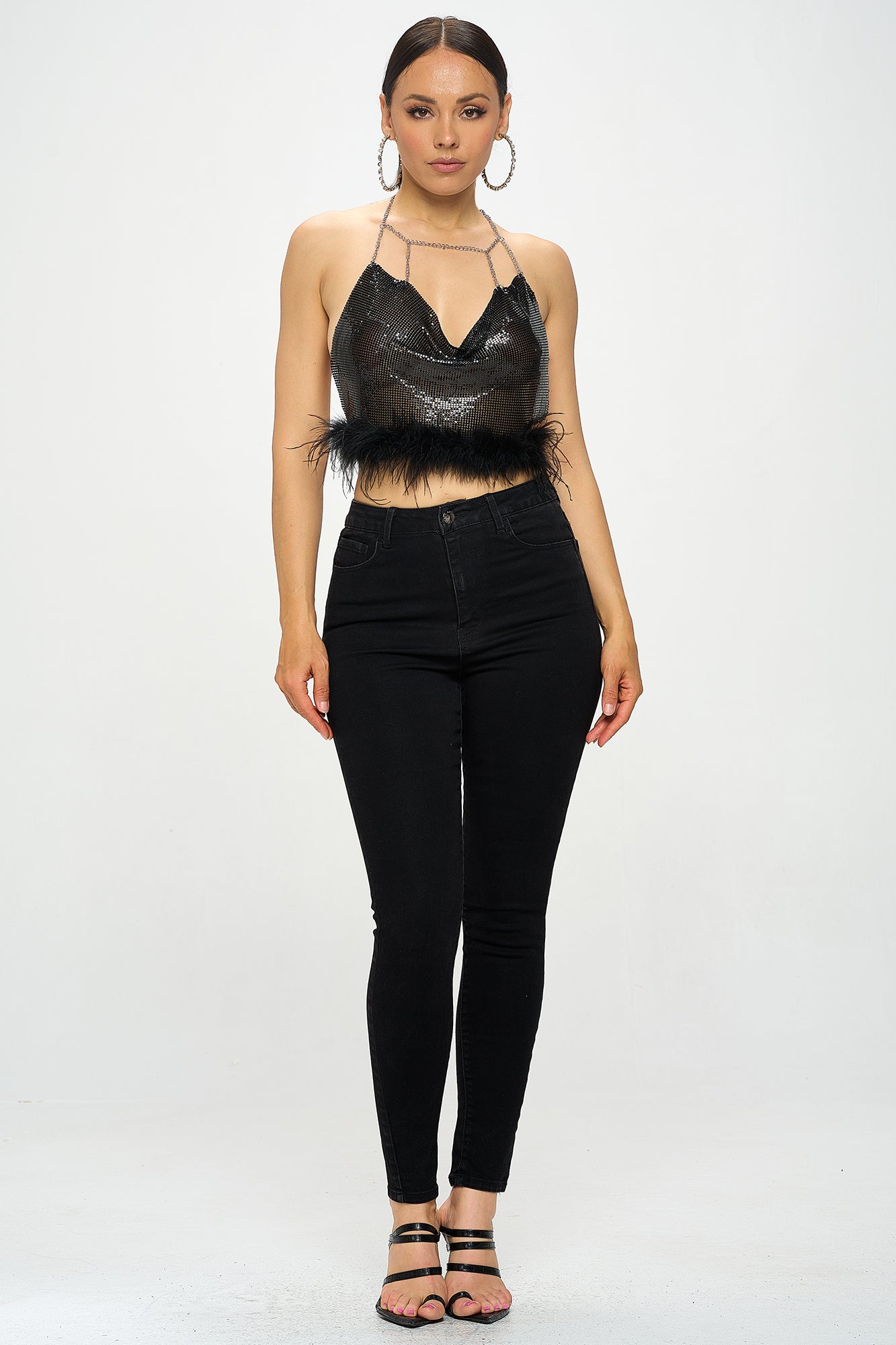 CHAINMAIL FEATHER TRIM HALTER CROP TOP
