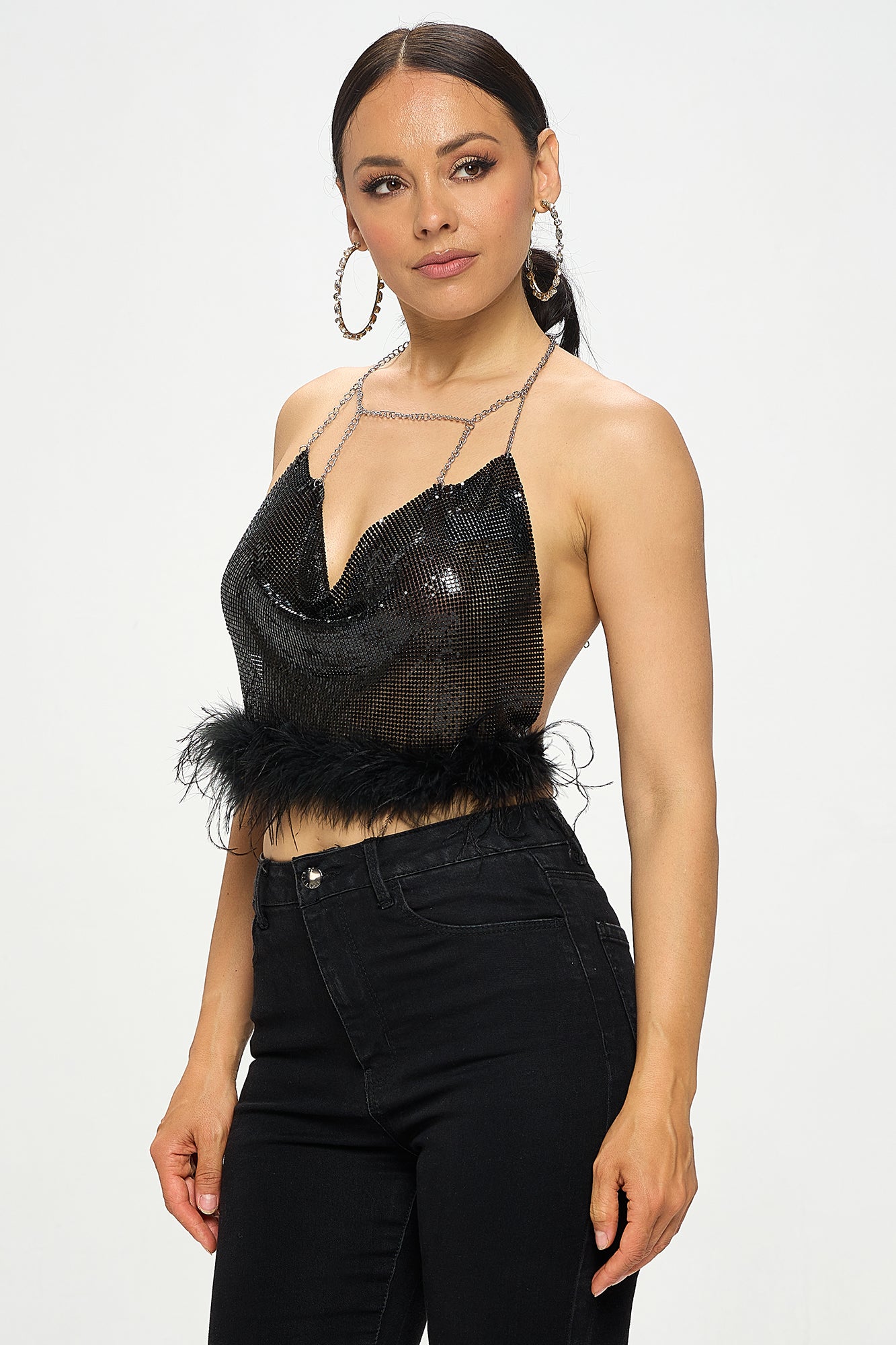 CHAINMAIL FEATHER TRIM HALTER CROP TOP