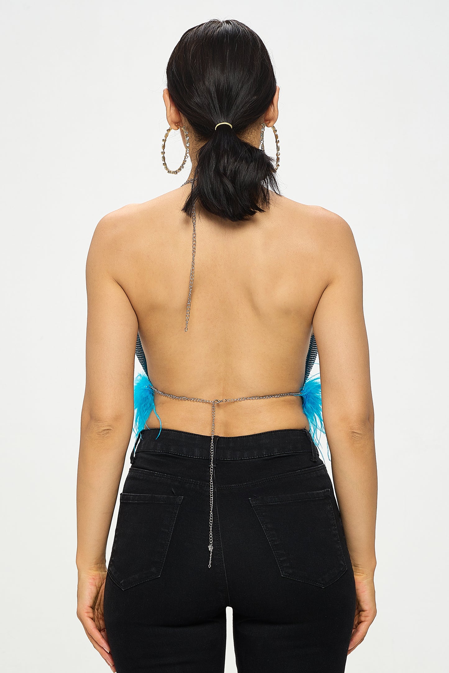 CHAINMAIL FEATHER TRIM HALTER CROP TOP