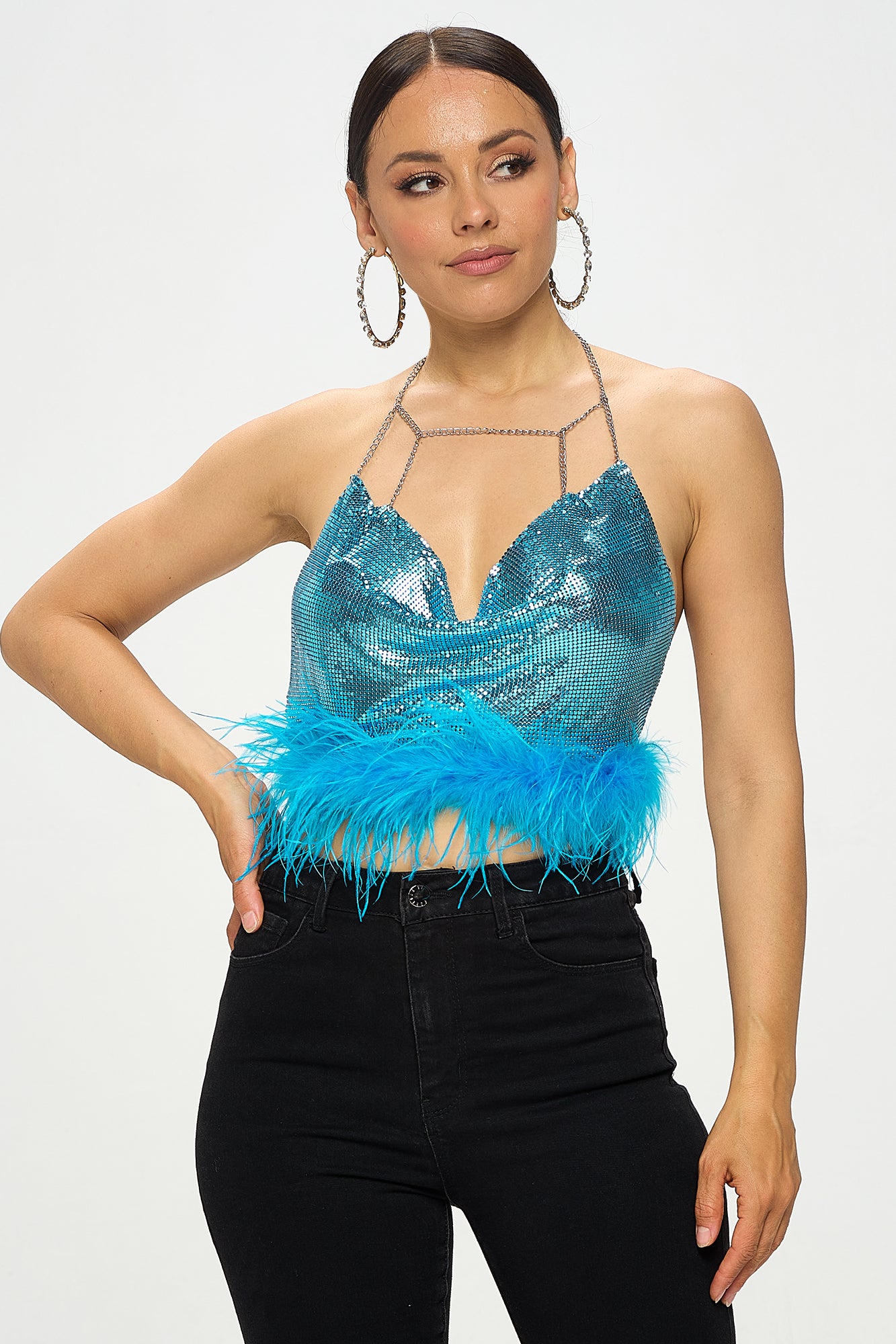 CHAINMAIL FEATHER TRIM HALTER CROP TOP
