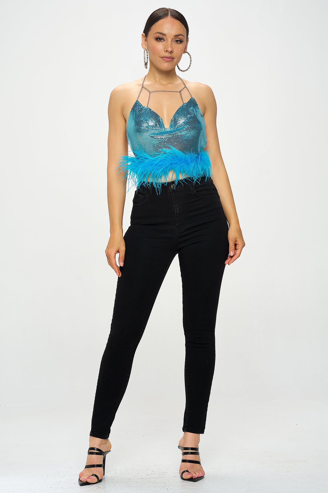 CHAINMAIL FEATHER TRIM HALTER CROP TOP