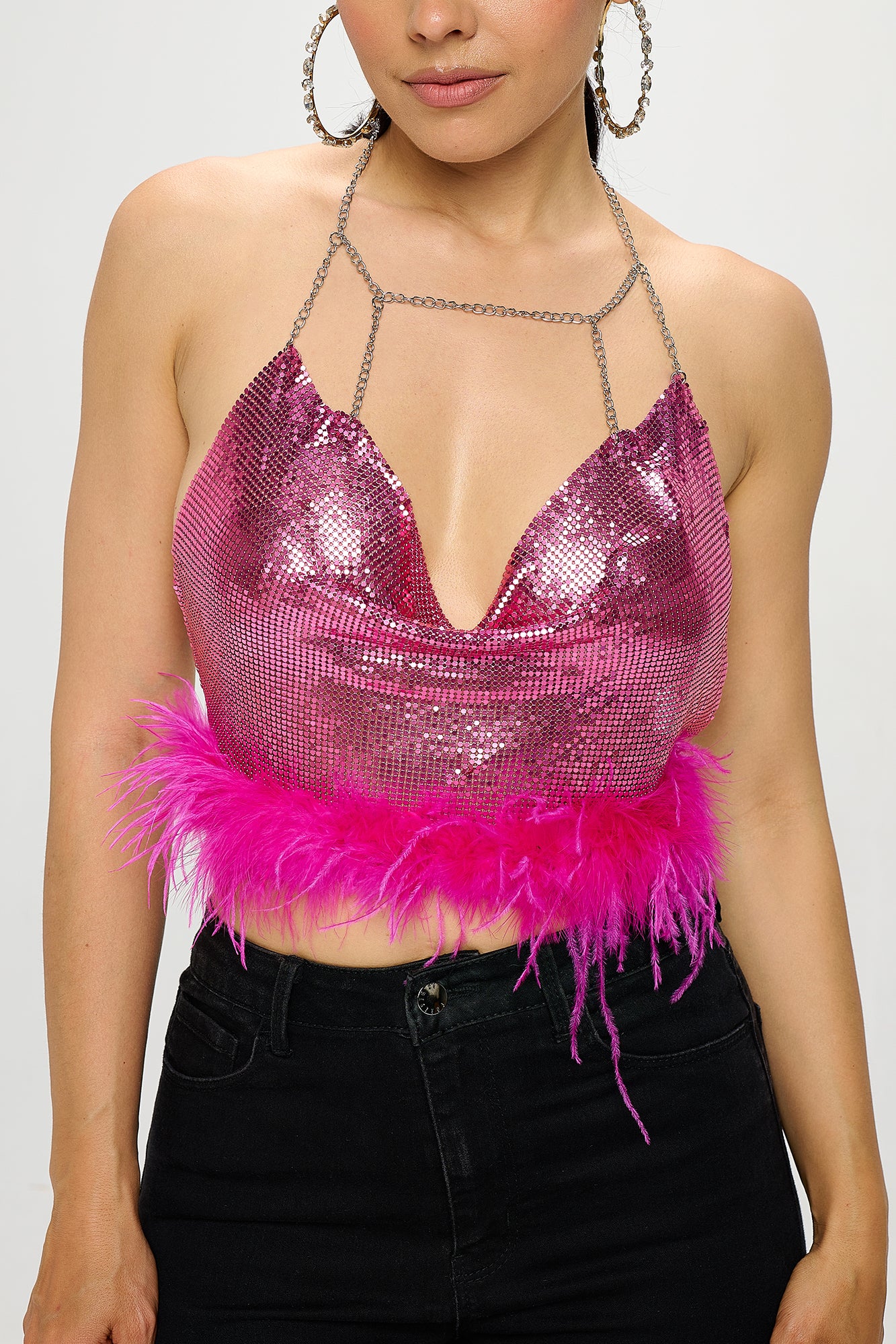 CHAINMAIL FEATHER TRIM HALTER CROP TOP