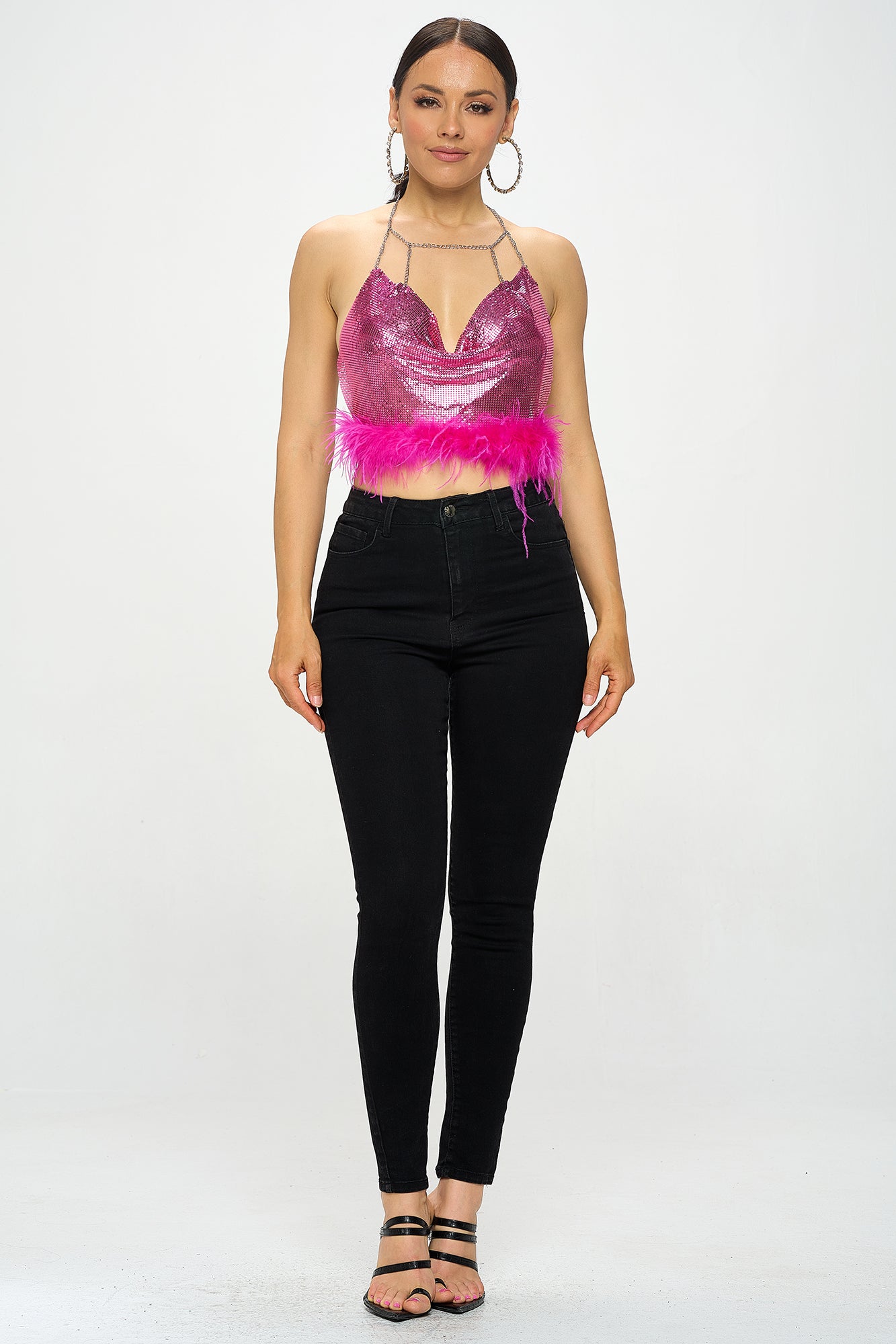 CHAINMAIL FEATHER TRIM HALTER CROP TOP