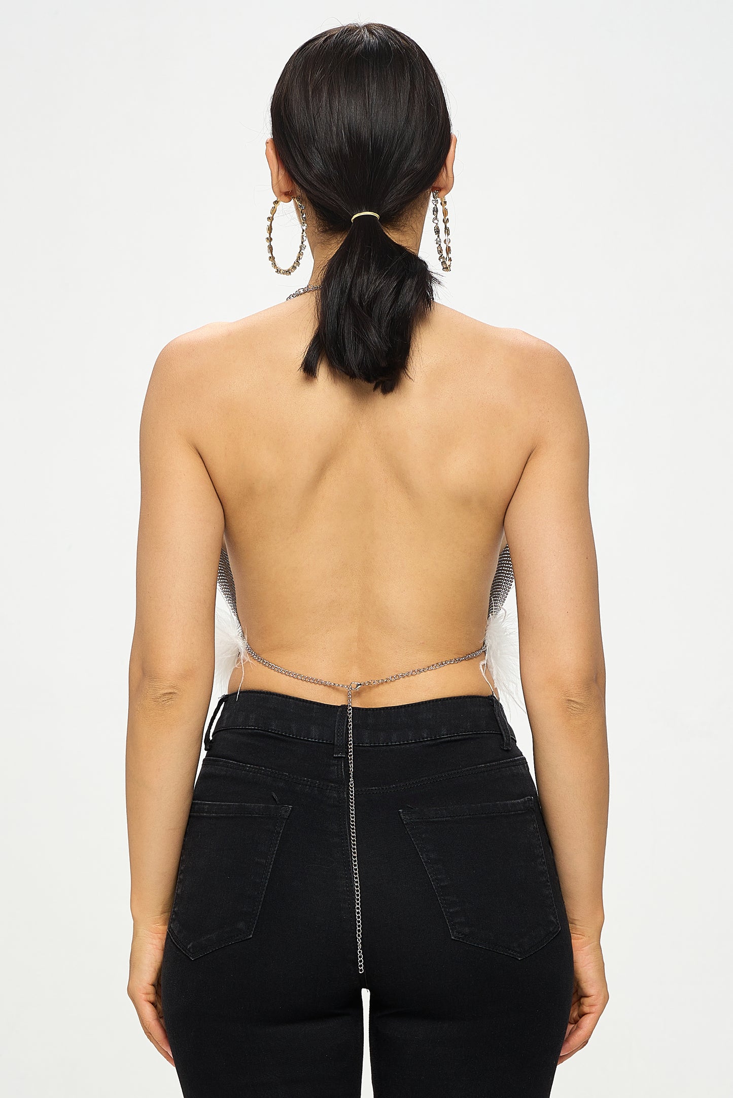 CHAINMAIL FEATHER TRIM HALTER CROP TOP