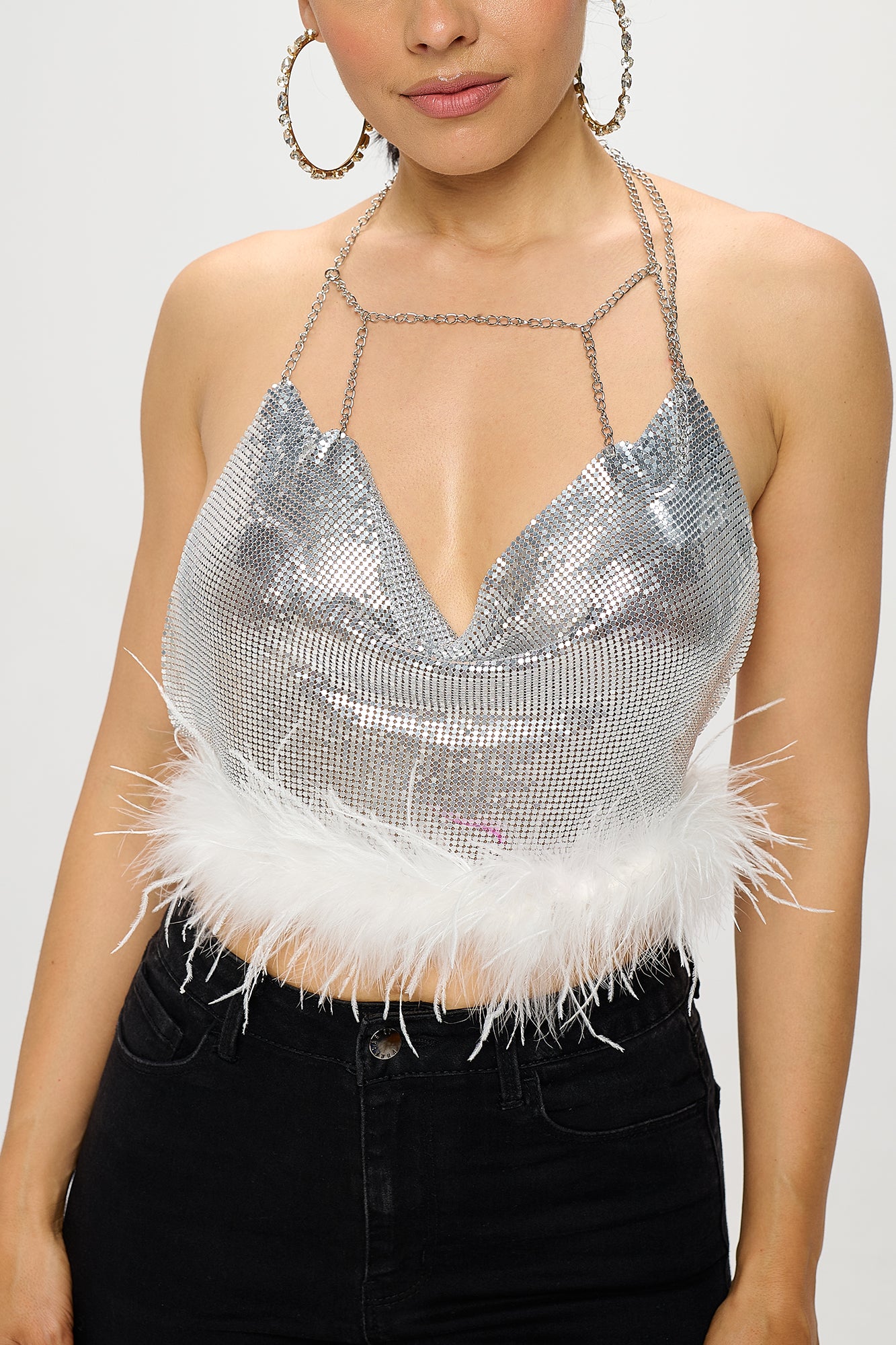 CHAINMAIL FEATHER TRIM HALTER CROP TOP