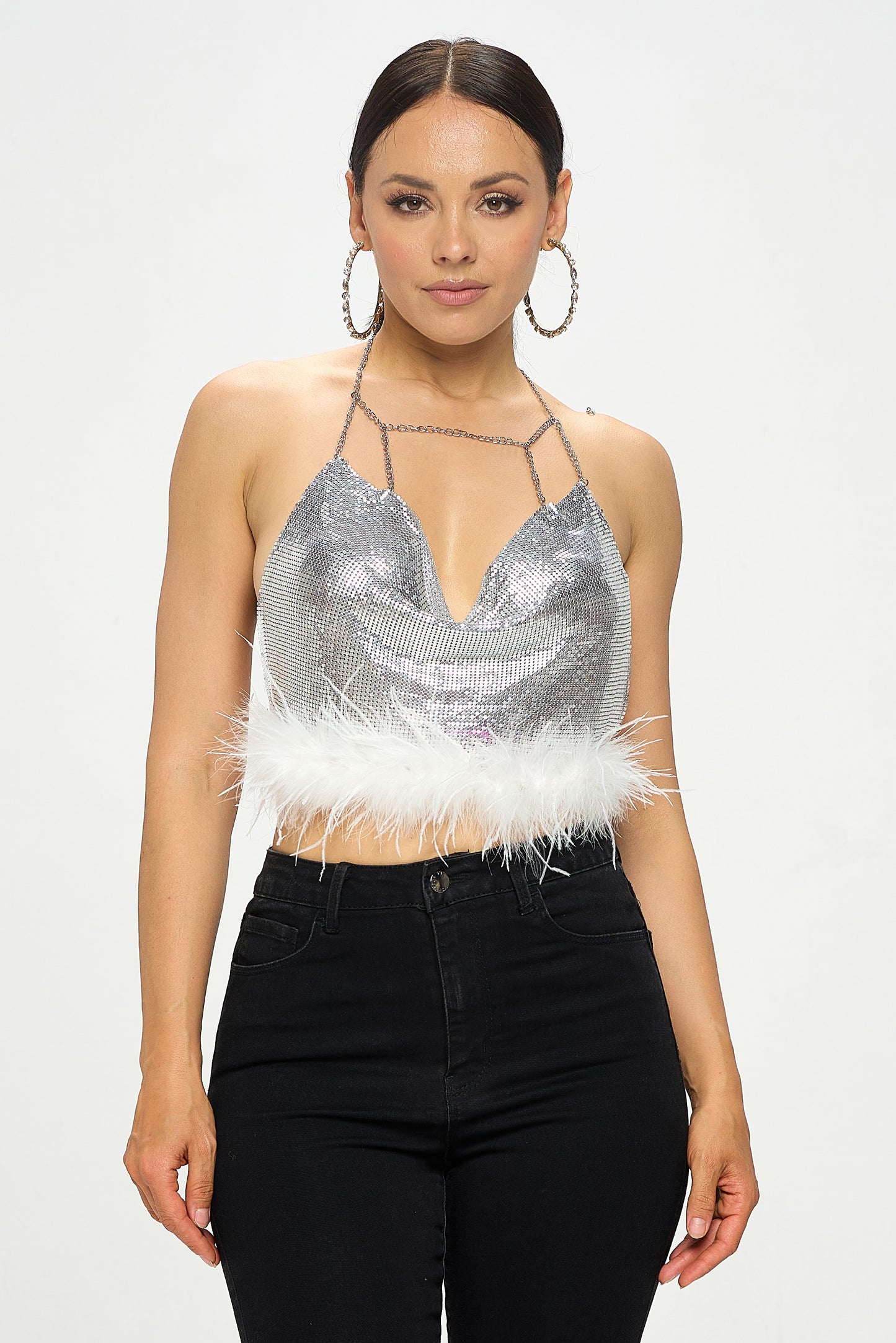 CHAINMAIL FEATHER TRIM HALTER CROP TOP