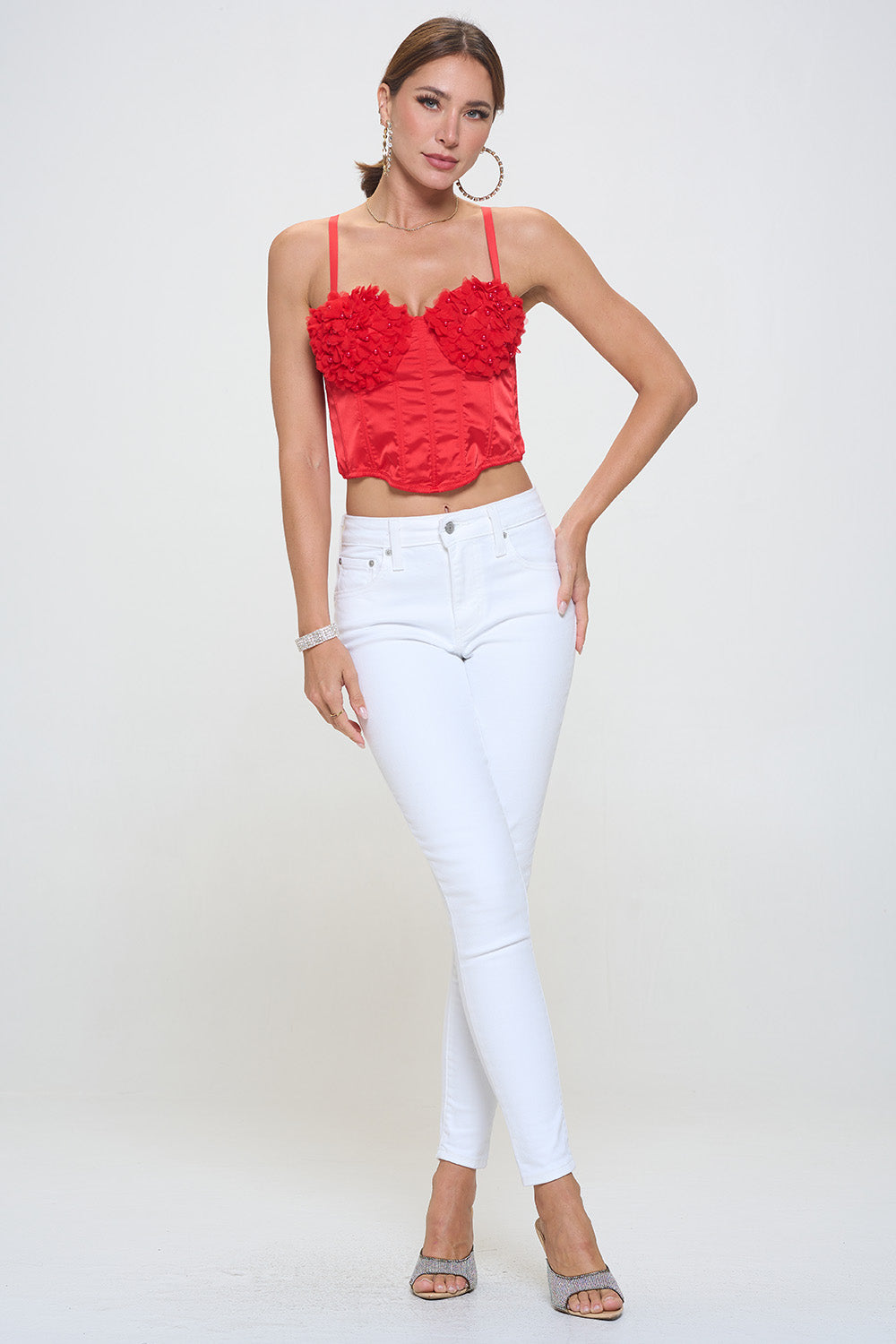 SHEER MESH FLOWER & BEAD TRIM BUSTIER CROP TOP_D7246