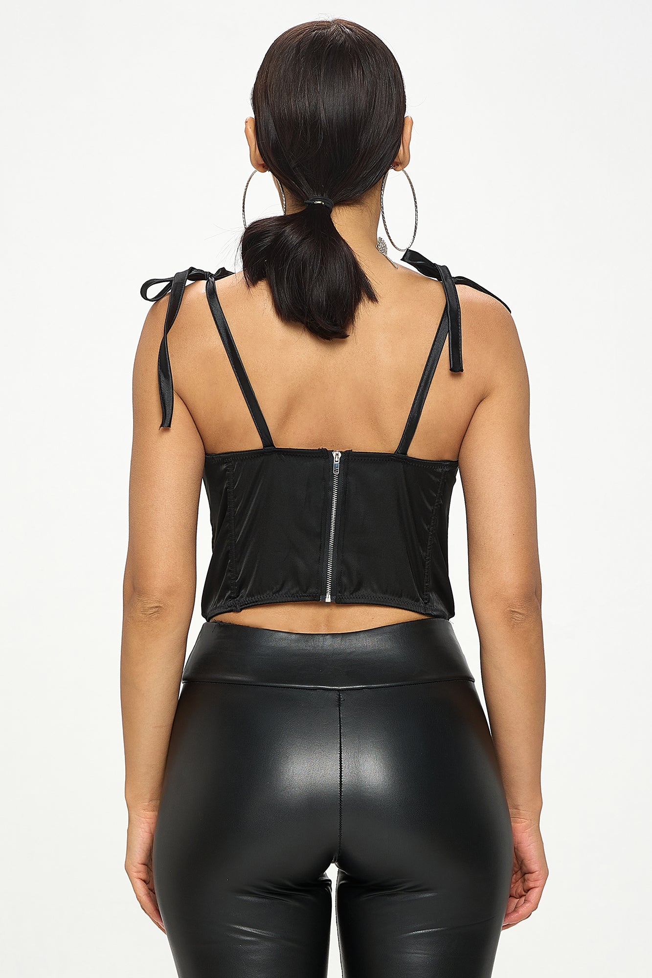 SATIN TIE SHOULDER STRAPS RUCHED CORSET BUSTIER TOP