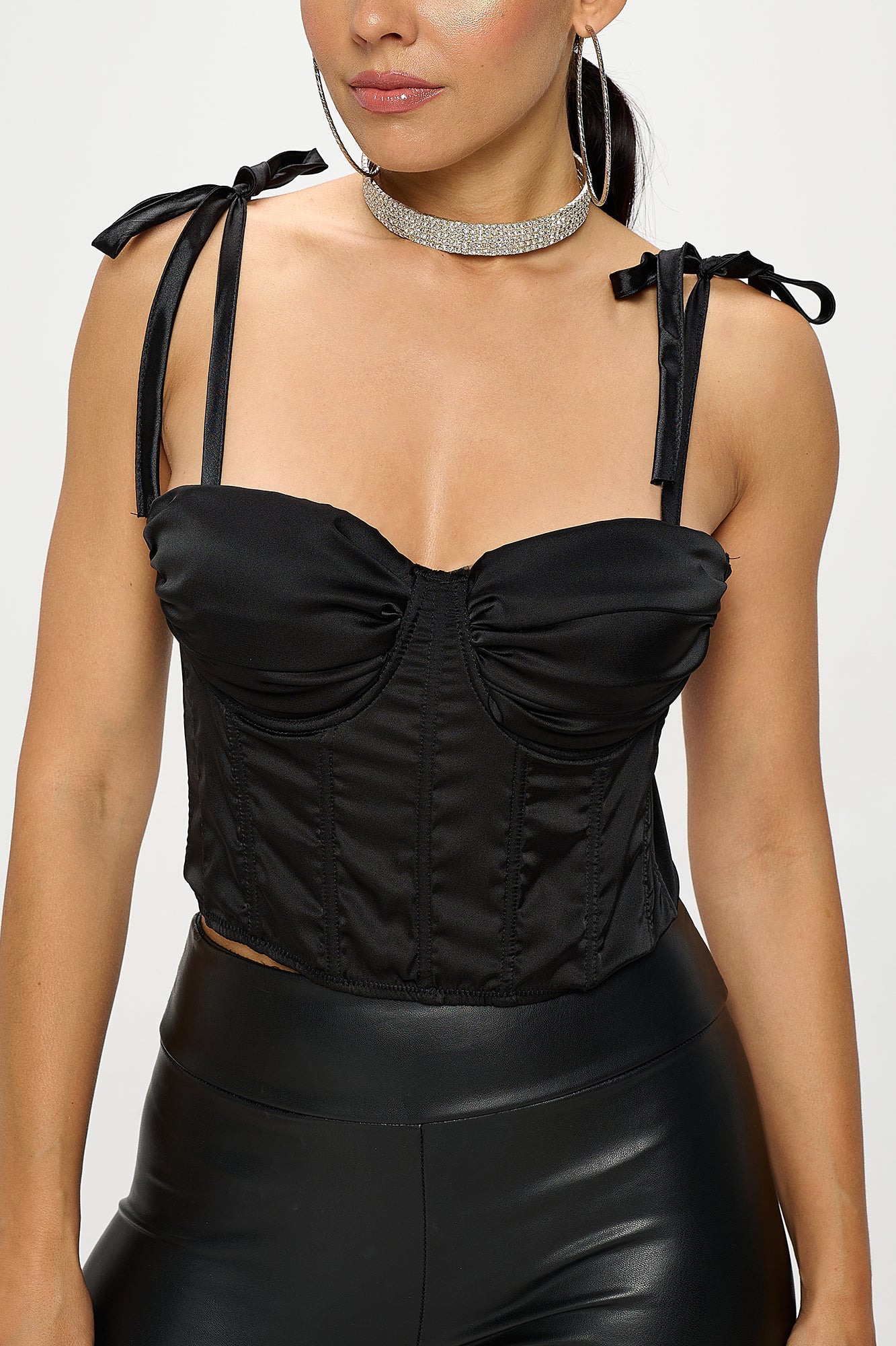 SATIN TIE SHOULDER STRAPS RUCHED CORSET BUSTIER TOP