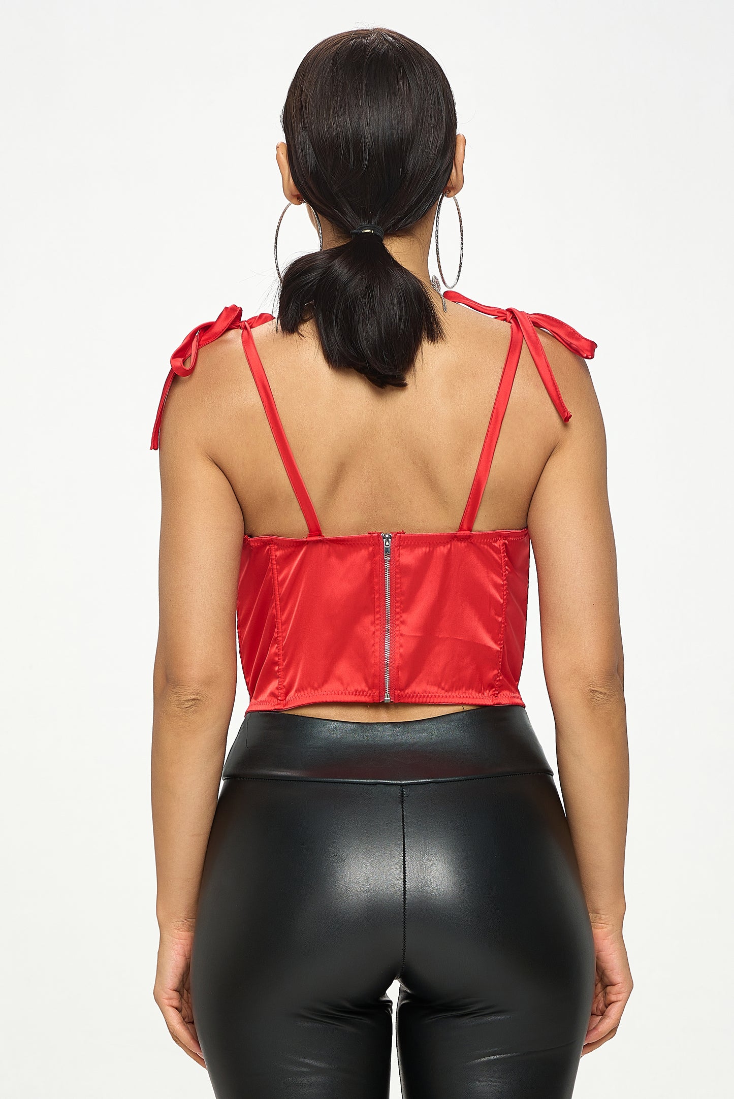 SATIN TIE SHOULDER STRAPS RUCHED CORSET BUSTIER TOP