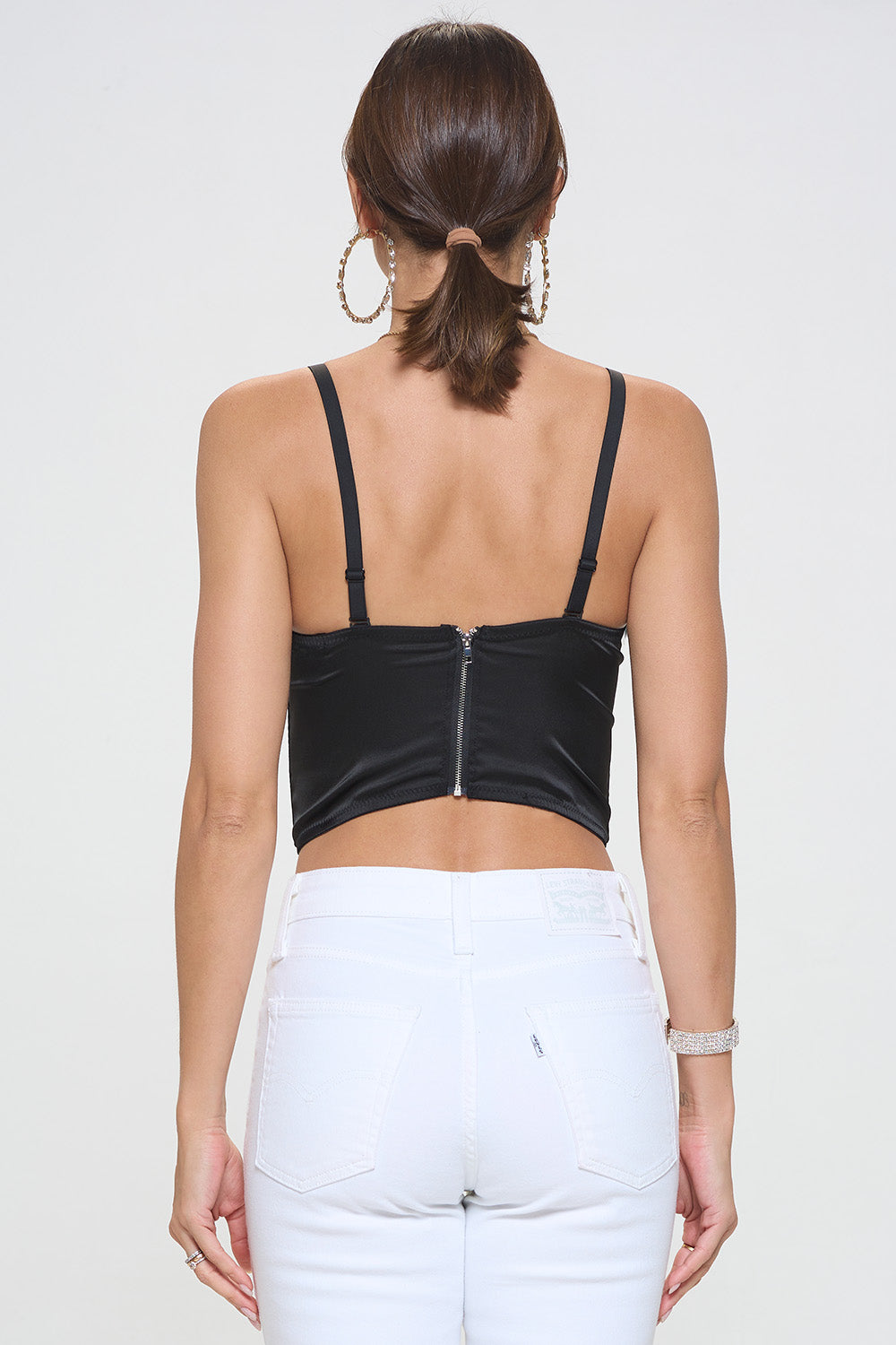 FEATHER TRIM RHINESTONE SEAM PANEL DETAIL BUSTIER CROP TOP_D7250