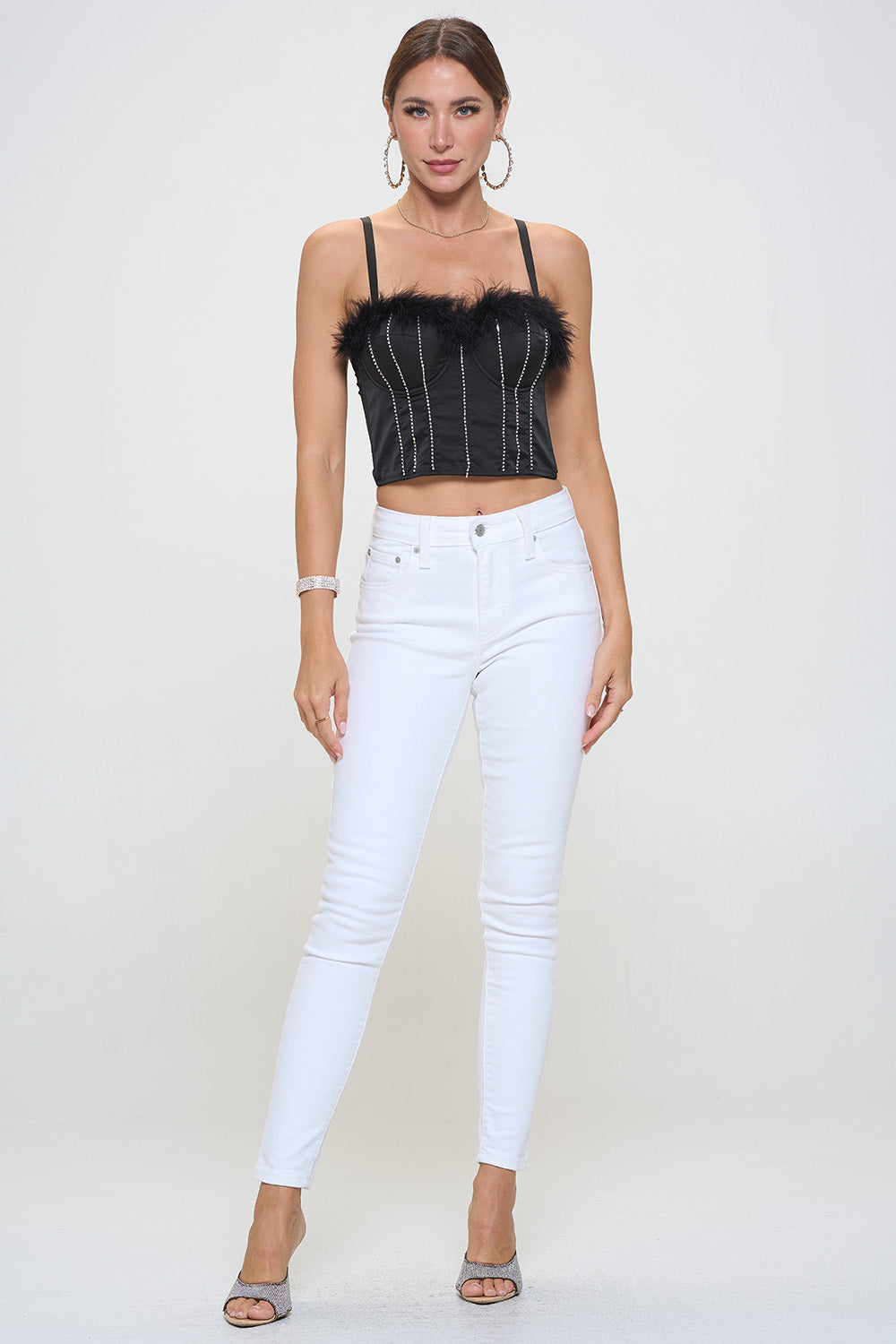FEATHER TRIM RHINESTONE SEAM PANEL DETAIL BUSTIER CROP TOP_D7250