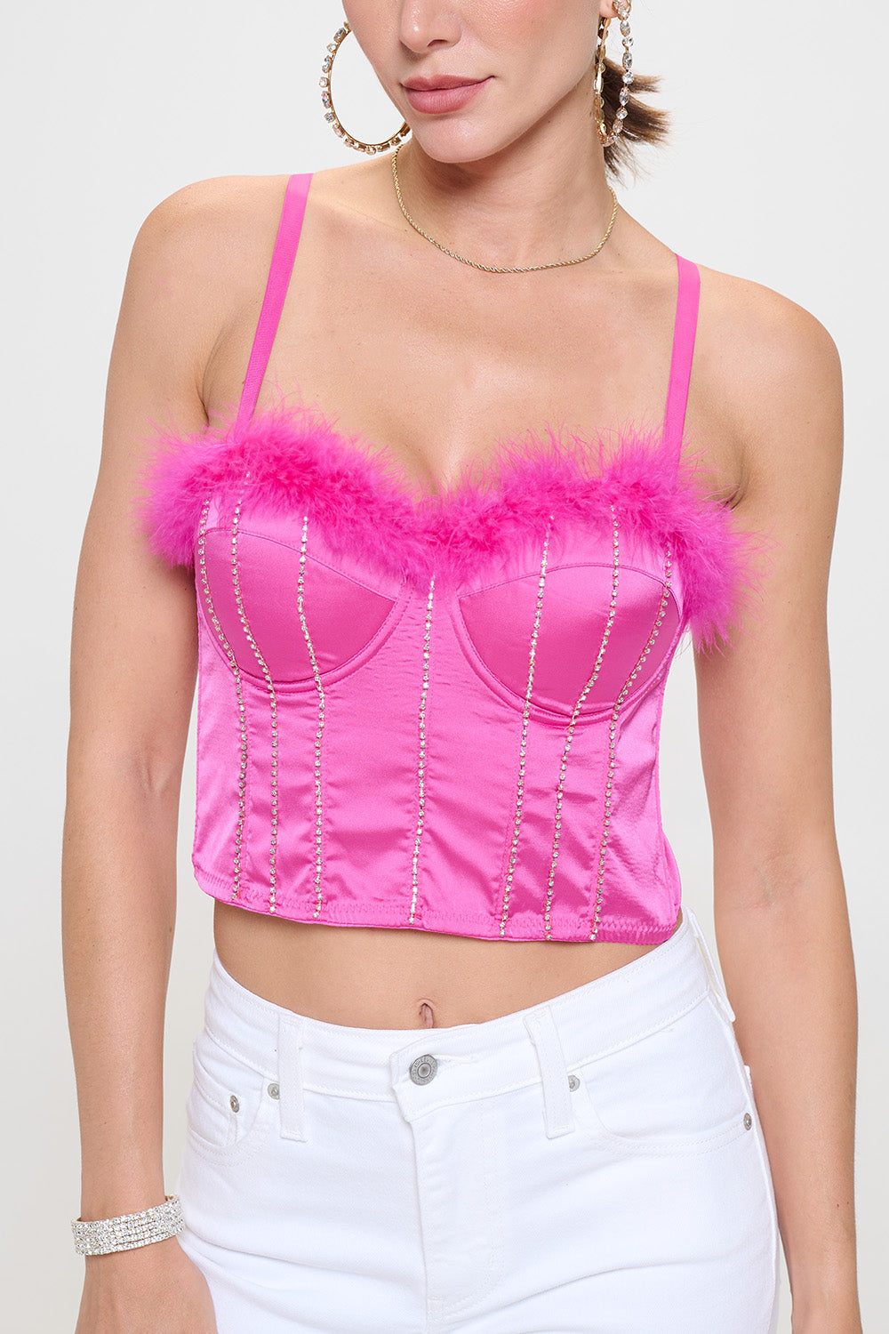 FEATHER TRIM RHINESTONE SEAM PANEL DETAIL BUSTIER CROP TOP_D7250