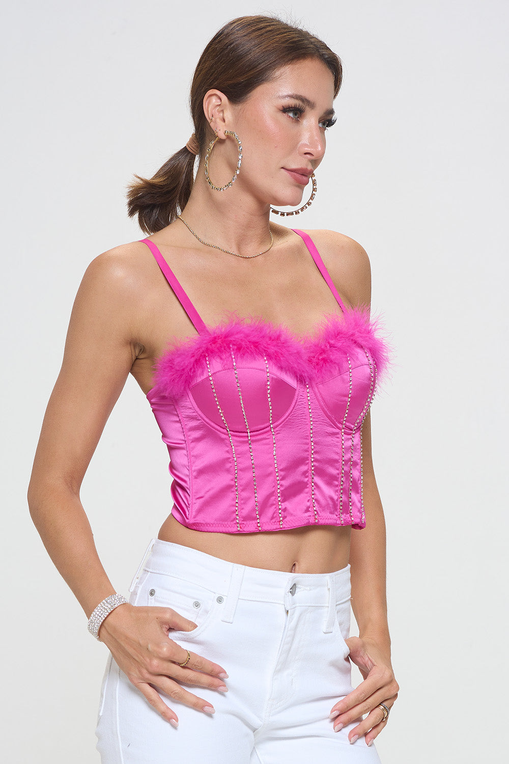 FEATHER TRIM RHINESTONE SEAM PANEL DETAIL BUSTIER CROP TOP_D7250